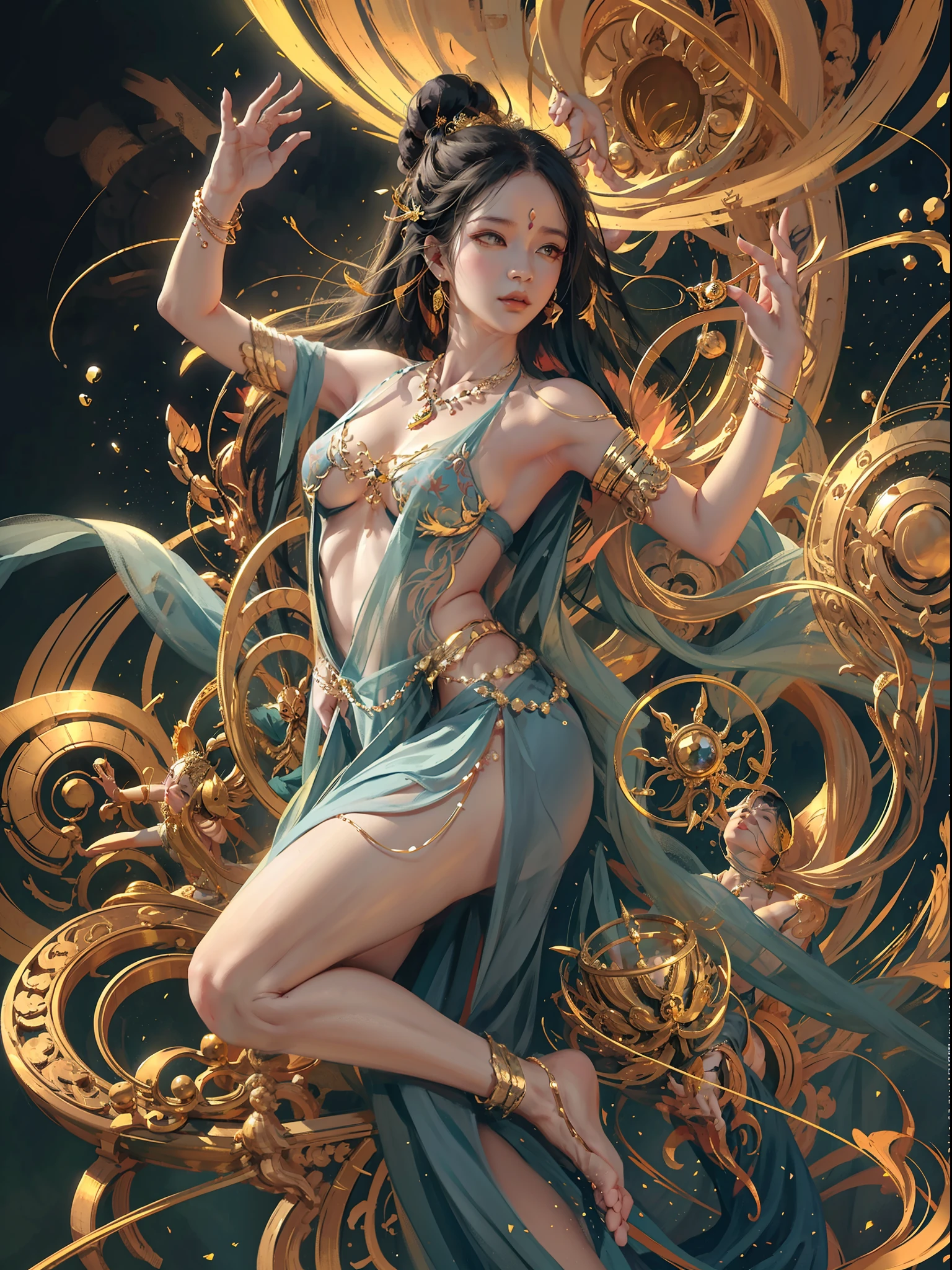 A masterpiece of a Buddhist bodhisattva girl, exquisite jewelry, delicate bracelet, delicate hair ornament, high on the feeling, aperture on the back, bodhisattva, fairy qi fluttering, holding various magic weapons in her hand, looking up from the point of view, long legs, bare feet, golden bracelet on the ankle, ancient Chinese costumes, gorgeous silk, flowing tulle, dazzling background, golden aperture behind, gold Falun behind, best light, best shadow, movie lighting, mystery, background pure black with ring aperture, ultra HD, 8k, Fair skin, Wolp_style, duhuang_style, upper body close-up, detailed face, professional classical dance moves, man floating in the air, (sideways: 1.5), 28 years old, 1girl, well-dressed, super long clothes, black hole background