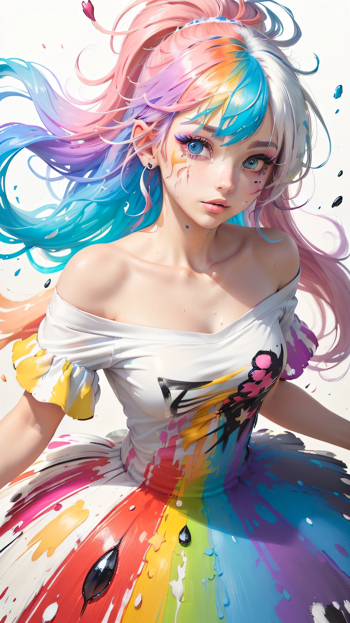 （Pink Fashion T-shirt：1.9），(Colorful hair: 1.8), (all the colours of the rainbow: 1.8),(((((vertical painting：1.6))), （painting：1.6），front, comics, illustrations, paintings, large eyes, crystal clear eyes,（ rainbow color gradient high ponytail：1.7）, exquisite makeup, closed mouth,(Small Fresh: 1.5),(Wipe Chest: 1.6) ，long eyelashes, white off shoulder T-shirt,  White Shoulder Shirt，looking at the audience, large watery eyes, (rainbow colored hair：1.6), color splash, （solo：1.8）, color splash, color explosion, thick paint style, messy lines, ((shining))，(colorful), (colorful), (colorful), colorful, Thick Paint Style, (Splash) (Color Splash), Vertical Painting, Upper Body, Paint Splash, Acrylic Pigment, Gradient, Paint, Highest Image Quality, Highest Quality, Masterpiece, Solo, Depth of Field, Face Paint,  colorful clothes, (Elegant: 1.2), gorgeous,long hair, wind, (Elegant: 1.3), (Petals: 1.4)，(((masterpiece))),(((best quality))),((ultra-detailed)),(illustration),(dynamic angle),((floating)),(paint),((disheveled hair)),(solo),(1girl) , (((detailed anima face))),((beautiful detailed face)),collar,bare shoulders,white hair, ((colorful hair)),((streaked hair)),beautiful detailed eyes,(Gradient color eyes),(((colorful eyes))),(((colorful background))),(((high saturation))),(((surrounded by colorful splashes))),