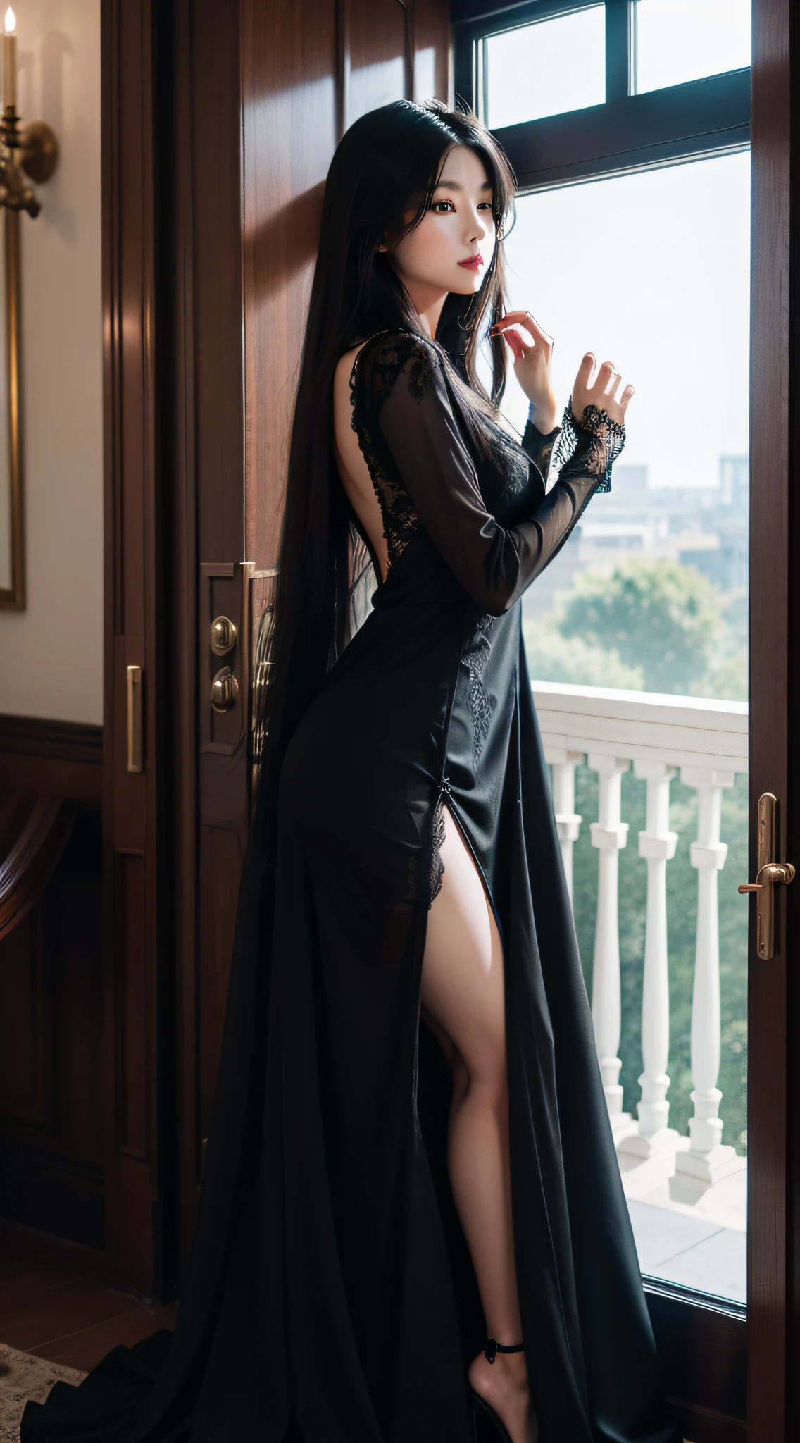 A beautiful girl, long black and silky hair, sexy lace long dress, luxurious mansion, standing by the window, looking into the distance,