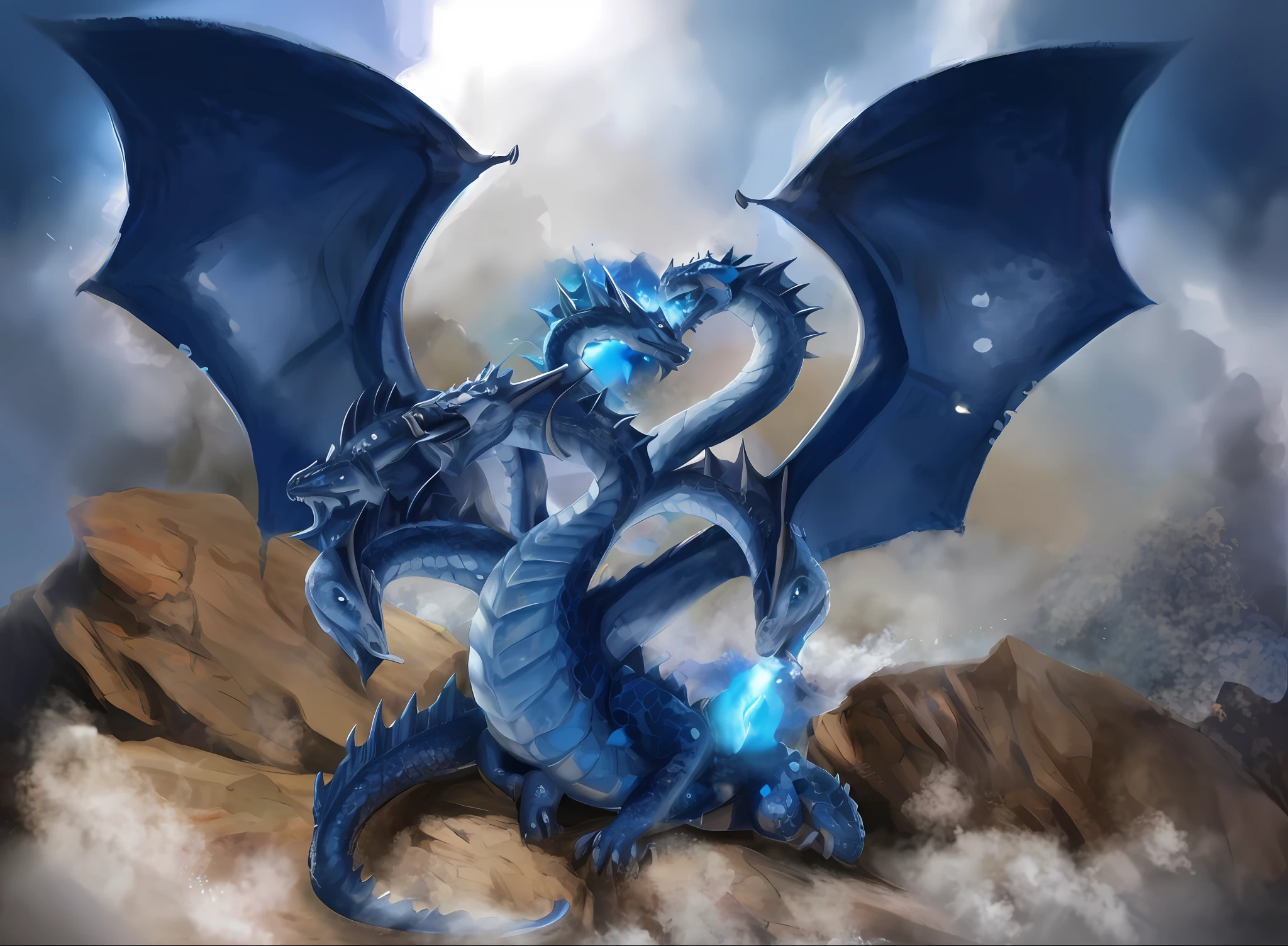 there is a blue dragon with a blue flame coming out of its mouth, blue dragon, blue scaled dragon, storm dragon, epic dragon, charging through a dragons lair, legendary dragon, d&d commision art dragon, dragon art, frost dragon, crystal dragon, godrays digital painting, dra the dragon, colossal dragon as background, wyvern