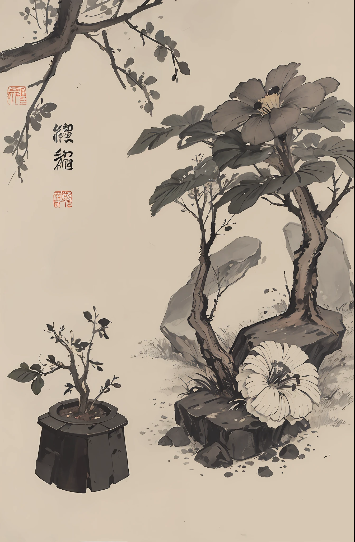 (Masterpiece, best quality: 1.2), traditional Chinese ink painting, bluegrass, a plant, flower