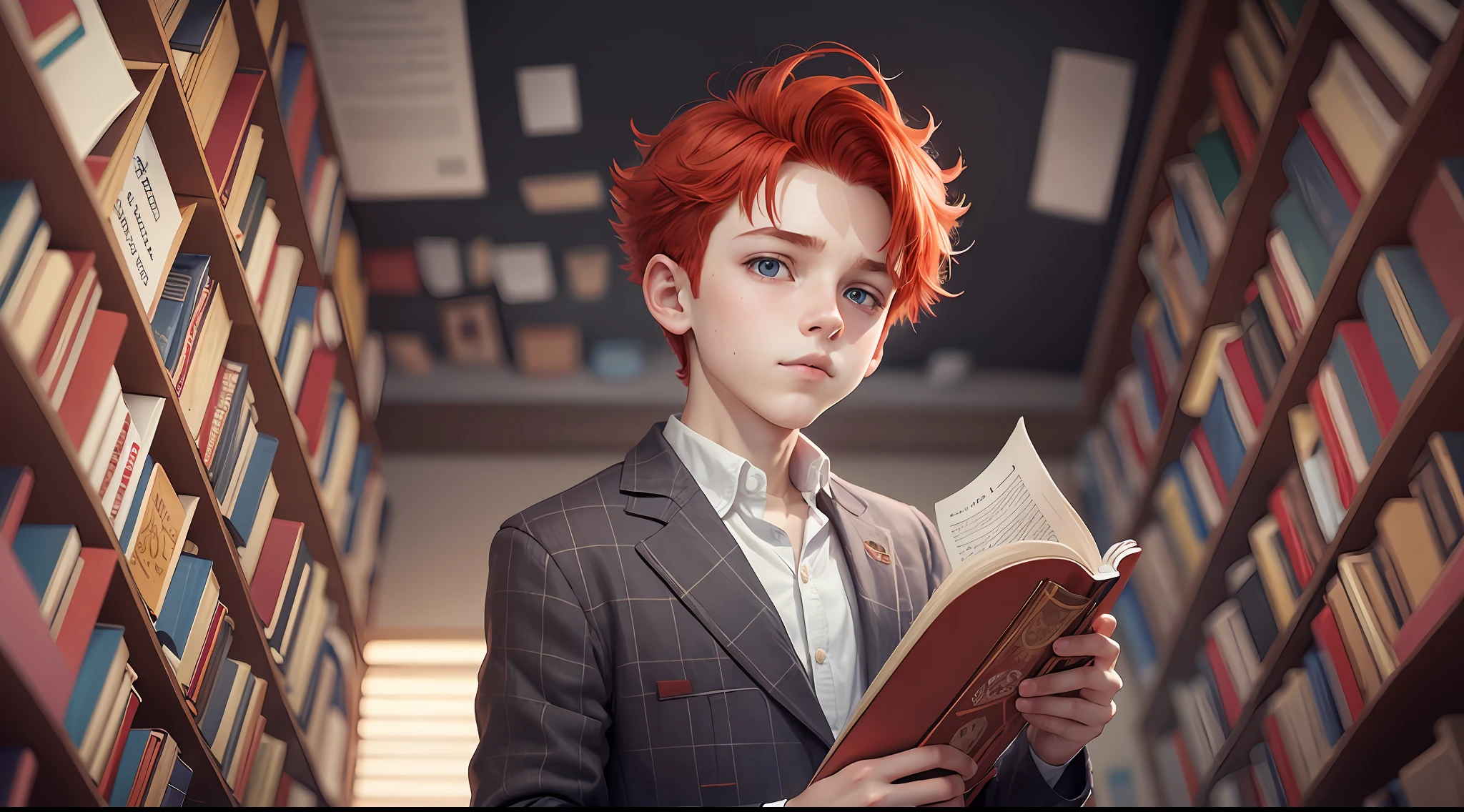 Boy with red hair with book in hand and playing with finding words --auto --s2