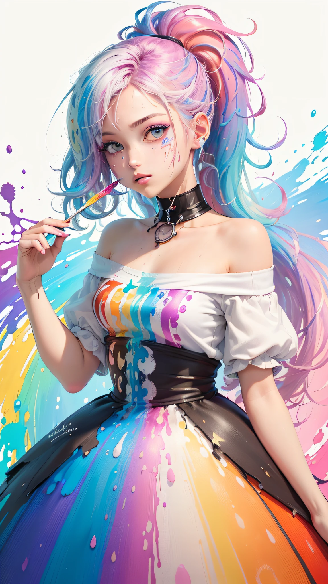 (Pink Fashion T-shirt:1.9),(Colorful hair: 1.8), (all the colours of the rainbow: 1.8),(((((vertical painting:1.6))), (painting:1.6),front, comics, illustrations, paintings, large eyes, crystal clear eyes,( rainbow color gradient high ponytail:1.7), exquisite makeup, closed mouth,(Small Fresh: 1.5),(Wipe Chest: 1.6) ,long eyelashes, white off shoulder T-shirt, White Shoulder Shirt,looking at the audience, large watery eyes, (rainbow colored hair:1.6), color splash, (solo:1.8), color splash, color explosion, thick paint style, messy lines, ((shining)),(colorful), (colorful), (colorful), colorful, Thick Paint Style, (Splash) (Color Splash), Vertical Painting, Upper Body, Paint Splash, Acrylic Pigment, Gradient, Paint, Highest Image Quality, Highest Quality, Masterpiece, Solo, Depth of Field, Face Paint, colorful clothes, (Elegant: 1.2), gorgeous,long hair, wind, (Elegant: 1.3), (Petals: 1.4),(((masterpiece))),(((best quality))),((ultra-detailed)),(illustration),(dynamic angle),((floating)),(paint),((disheveled hair)),(solo),(1girl) , (((detailed anima face))),((beautiful detailed face)),collar,bare shoulders,white hair, ((colorful hair)),((streaked hair)),beautiful detailed eyes,(Gradient color eyes),(((colorful eyes))),(((colorful background))),(((high saturation))),(((surrounded by colorful splashes))),