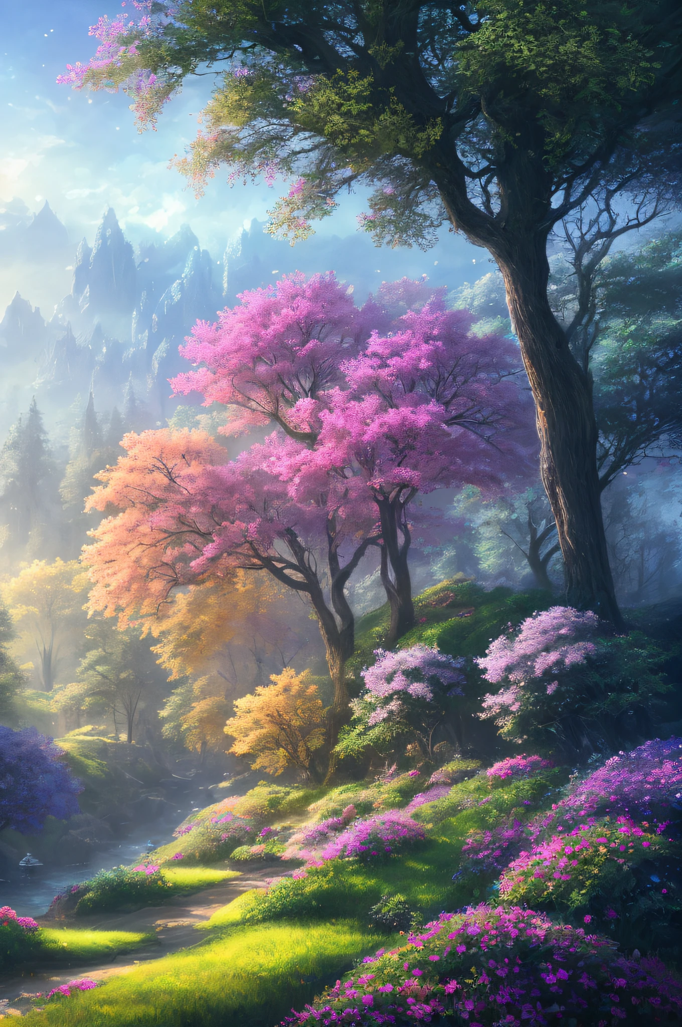 masterpiece, best quality, high quality,extremely detailed CG unity 8k wallpaper, An enchanting and dreamy scene of a fantasy forest, with towering trees, glowing mushrooms, and hidden fairy glens, creating a sense of mystique and enchantment, artstation, digital illustration, intricate, trending, pastel colors, oil paiting, award winning photography, Bokeh, Depth of Field, HDR, bloom, Chromatic Aberration ,Photorealistic,extremely detailed, trending on artstation, trending on CGsociety, Intricate, High Detail, dramatic, art by midjourney
