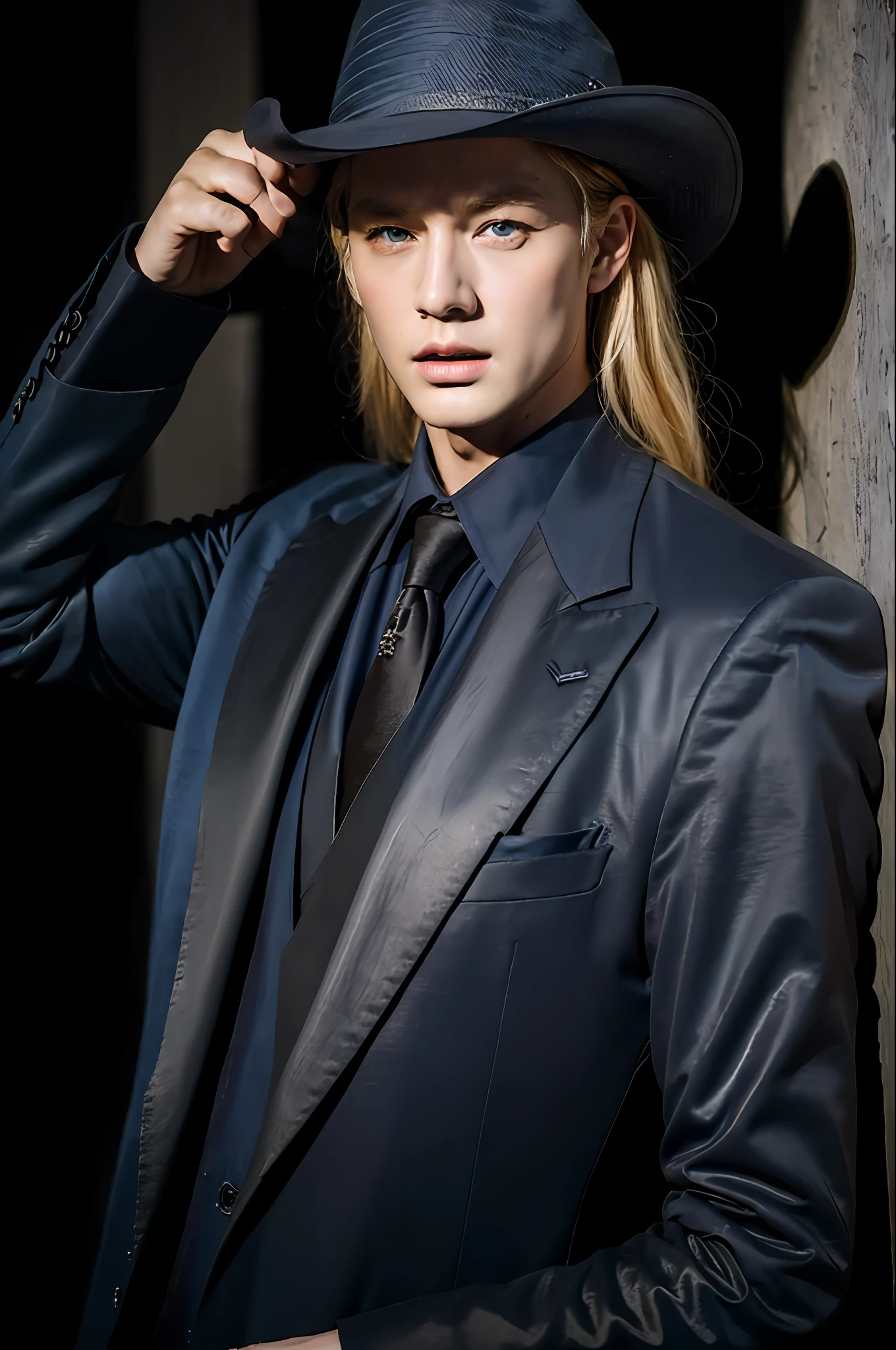 Best quality, masterpiece, ultra high res, (photorealistic:1.4), raw photo, 1girl, blonde hair, blue eyes,  detailed eyes and face, black suit, dynamic lighting, in the dark, deep shadow, low key, cowboy shot full-lenght body