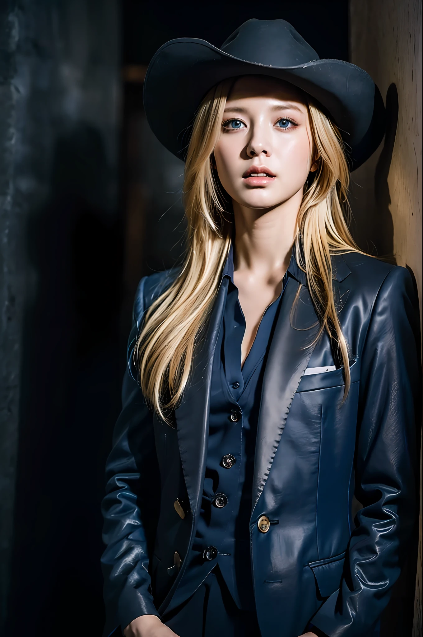 Best quality, masterpiece, ultra high res, (photorealistic:1.4), raw photo, 1girl, blonde hair, blue eyes,  detailed eyes and face, black suit, dynamic lighting, in the dark, deep shadow, low key, cowboy shot full-lenght body