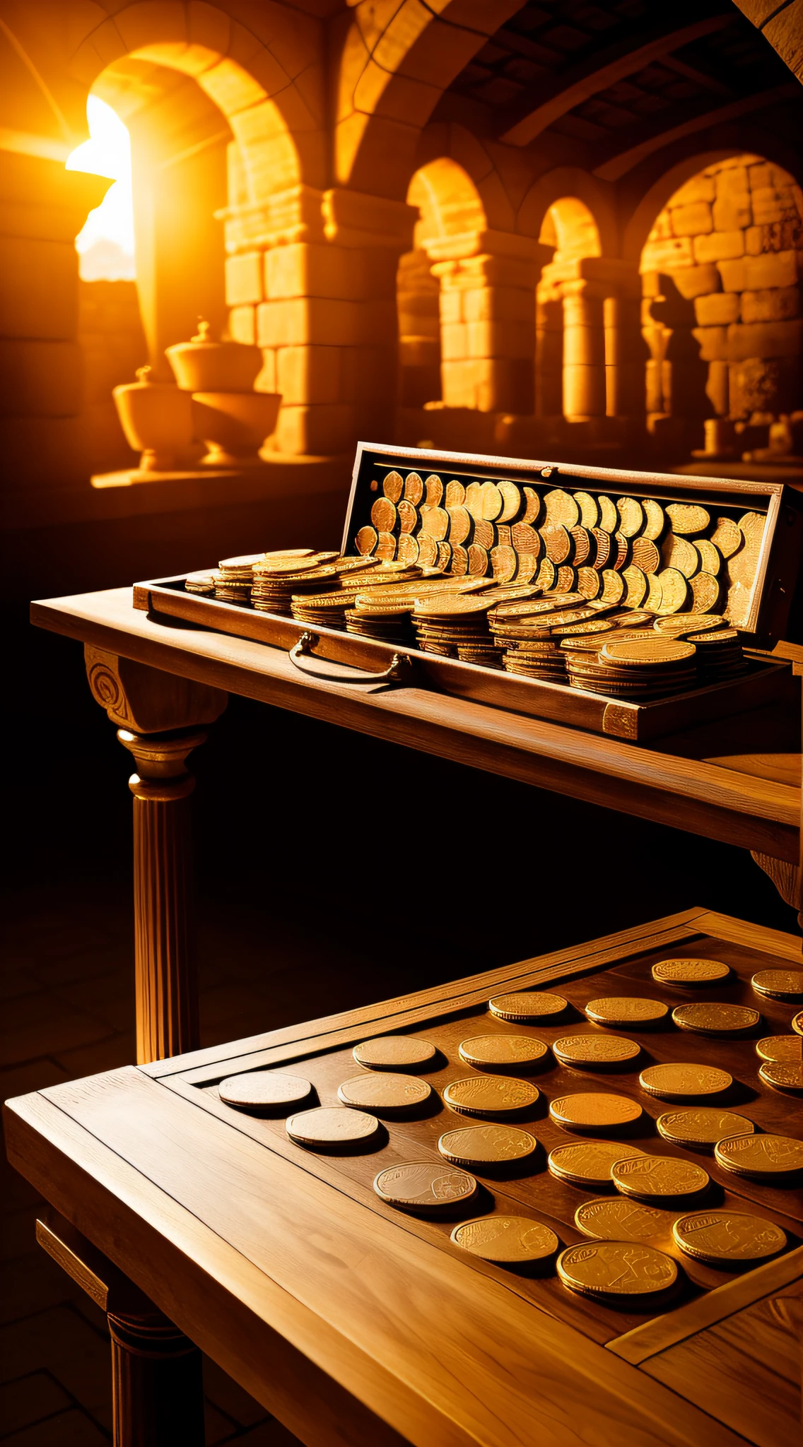 (masterpiece, 8K, photo-realistic:1.3), wooden transport crate, noble design, filled with shiny ancient Roman gold coins, (coins:1.4), open lid, placed on a sturdy table in the bustling forge of the ancient Roman temple of Juno Moneta, backdrop of coinage process, roman artisans at work, intricate coin designs visible, (warm, atmospheric forge setting:1.1), dramatic lighting, casting long shadows, realistic style.