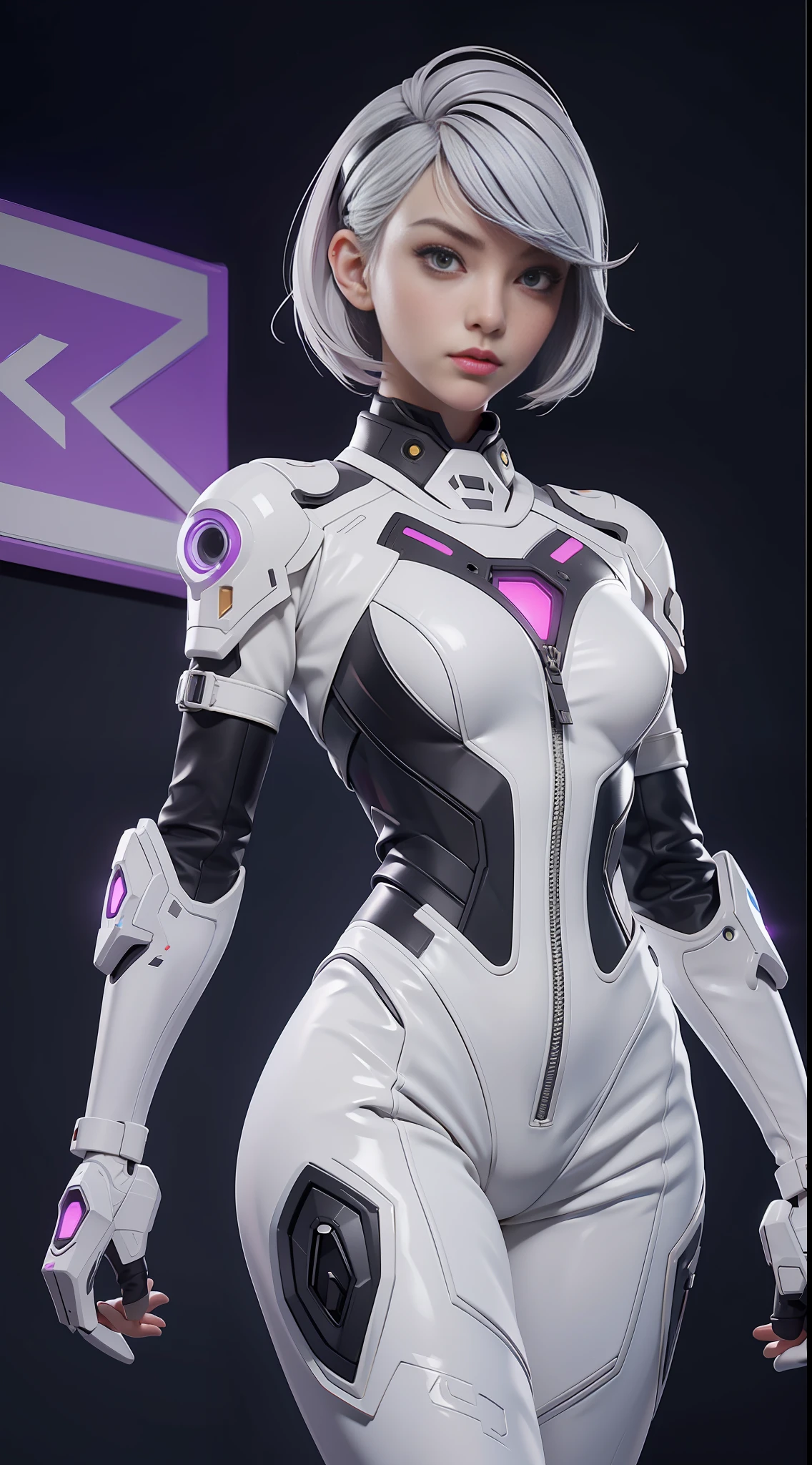 solo, super fine photo, portrait Unreal Engine 5 8K UHD of beautiful and aesthetic girl (girl: 1.3), gorgeous, grey short hair, silver and white color scheme tight cybernetic latex catsuit, cyberpunk assassin, cyberpunk full face mask, cybernetic boots, cybernetic long glove, futuristic design, purple neon lights details, best quality, masterpiece, official art, unified 8k wallpaper, super detailed, sharp focus, dynamic pose, body parts.