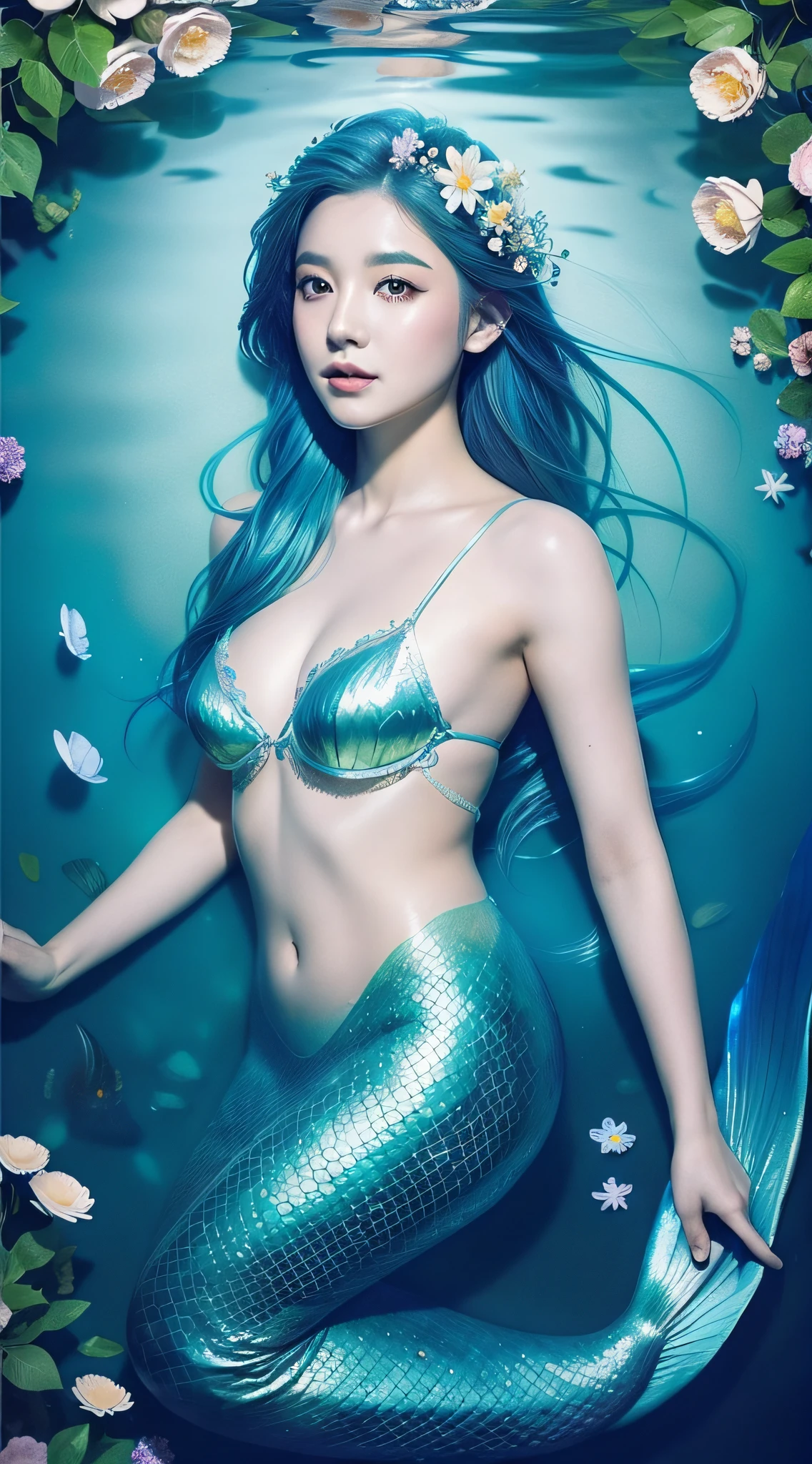 mermaid with blue hair and flowers floating in the water, beautiful mermaid, beautiful digital illustration, a beautiful artwork illustration, beautiful digital artwork, beautiful gorgeous digital art, beautiful digital art, asian female water elemental, gorgeous digital art, very beautiful digital art, closeup fantasy with water magic, beautiful fantasy art, beautiful digital painting, exquisite digital illustration, gorgeous digital painting