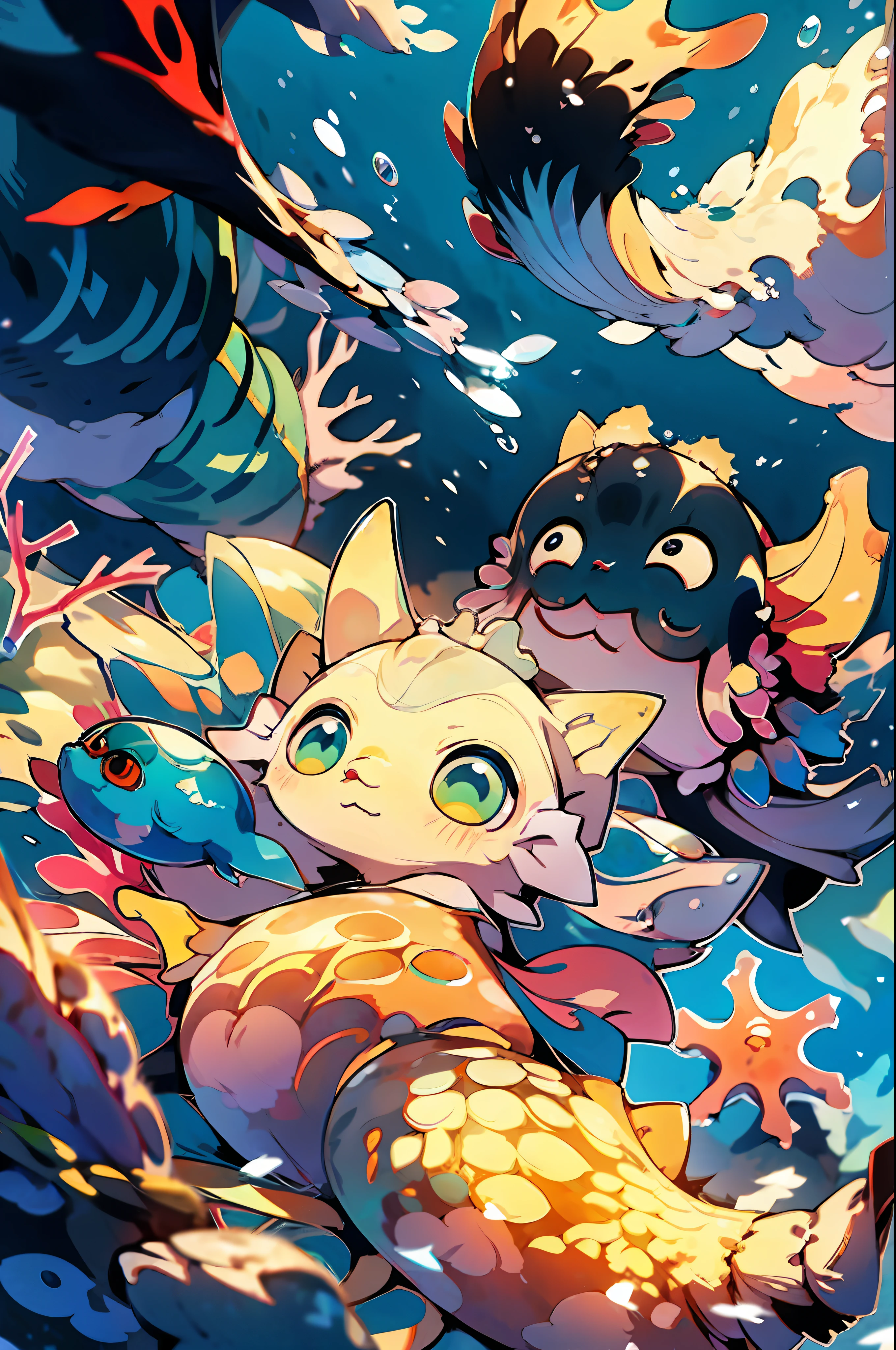 cute kawaii (sea slug:1.3), underwater, bright, saturated, colorful, landscape, seabed, marine life, (no human), (no humans), (non-human)