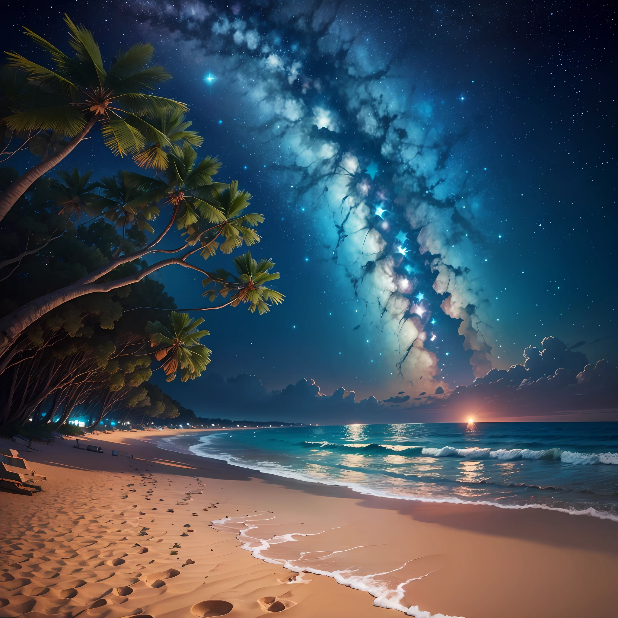 Sea, starry sky, trees, sandy beach --auto --s2