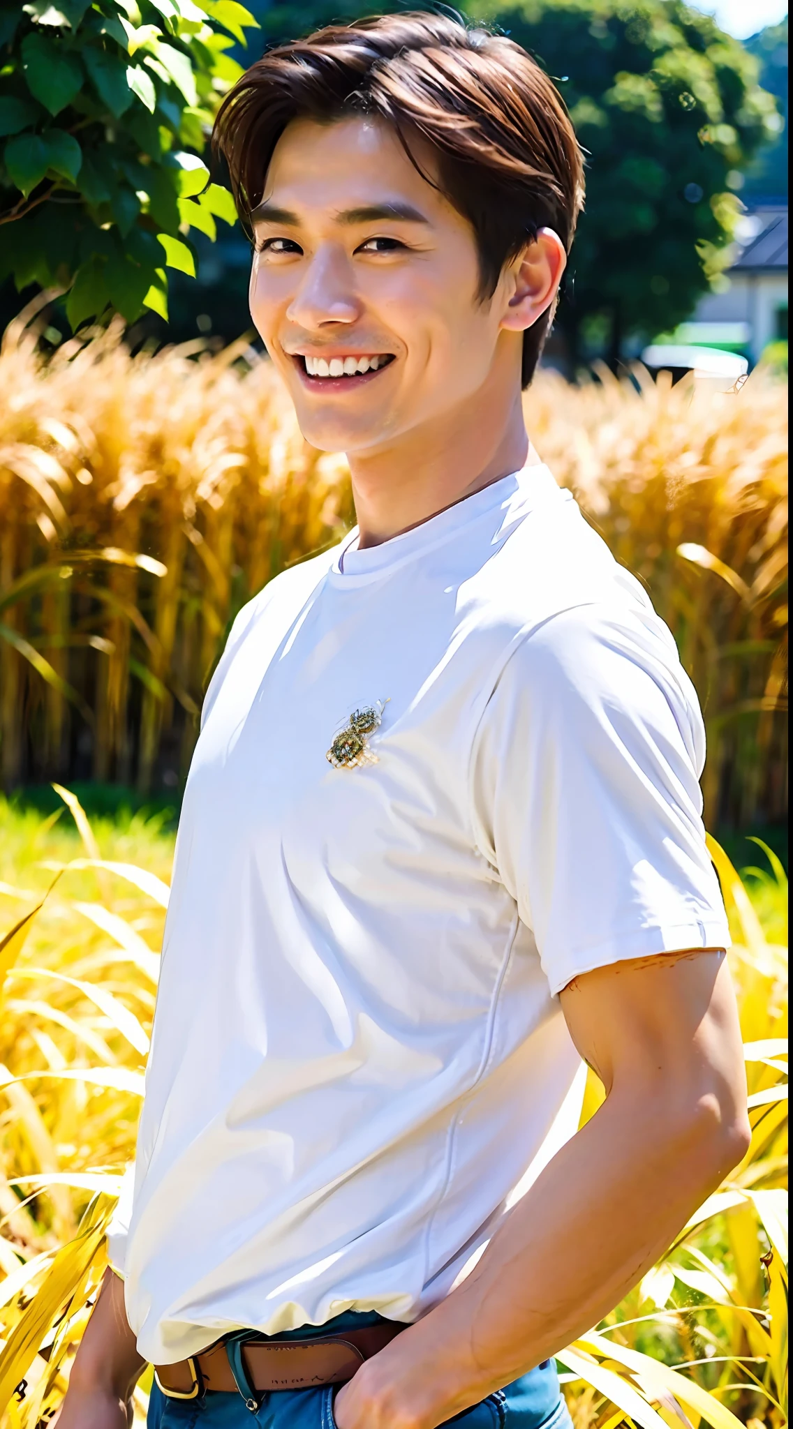 Best Quality, Ultra High Resolution, (Realistic:1.4), Masterpiece, Blurred Background ,Muscle, Solo, 1 Boy, Young , Standing, White Skin, Shirt, Posing, Facial Focus, Smile, Shut Up, (in Golden Rice Paddie)
