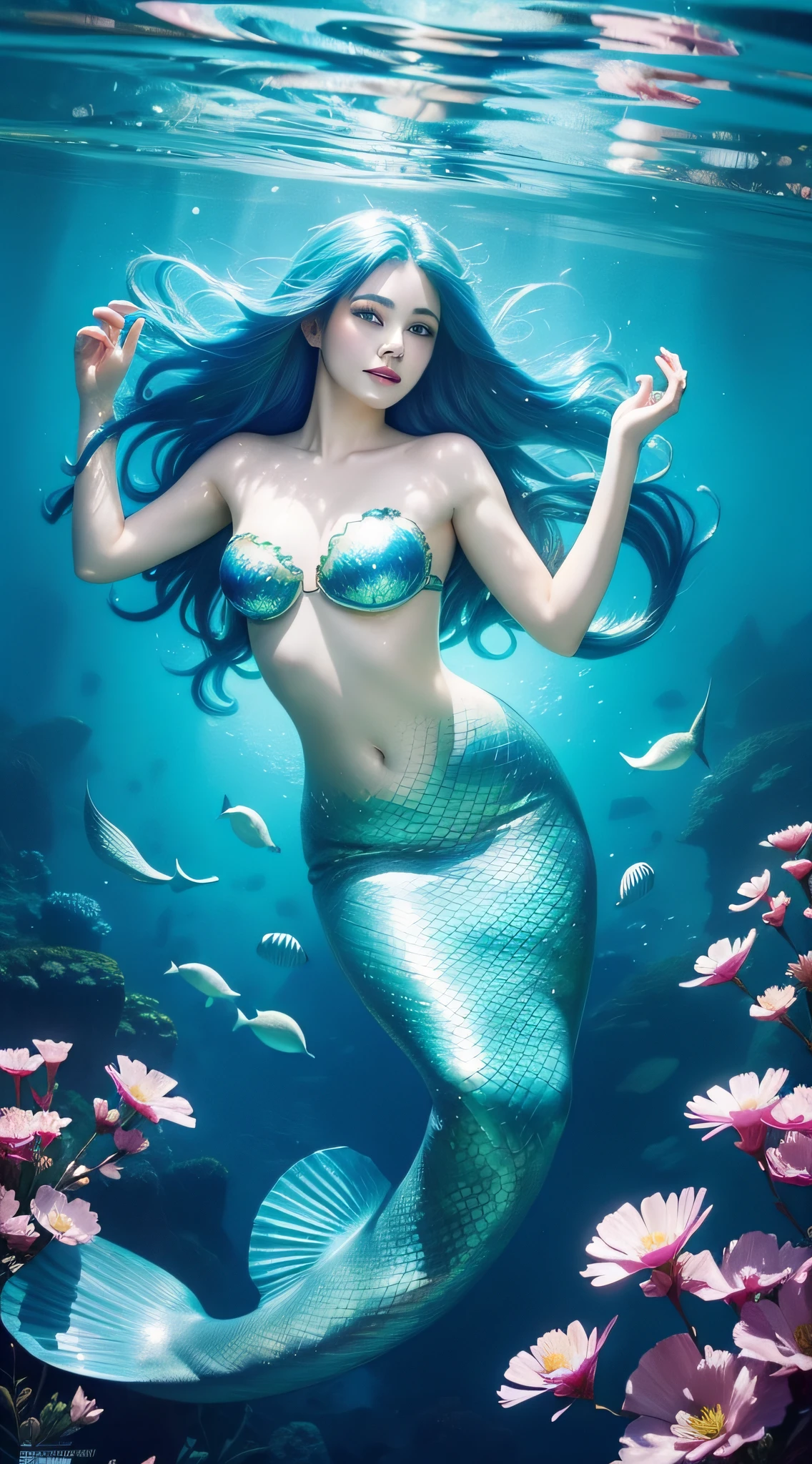 mermaid with blue hair and flowers floating in the water, beautiful mermaid, beautiful digital illustration, a beautiful artwork illustration, beautiful digital artwork, beautiful gorgeous digital art, beautiful digital art, asian female water elemental, gorgeous digital art, very beautiful digital art, closeup fantasy with water magic, beautiful fantasy art, beautiful digital painting, exquisite digital illustration, gorgeous digital painting