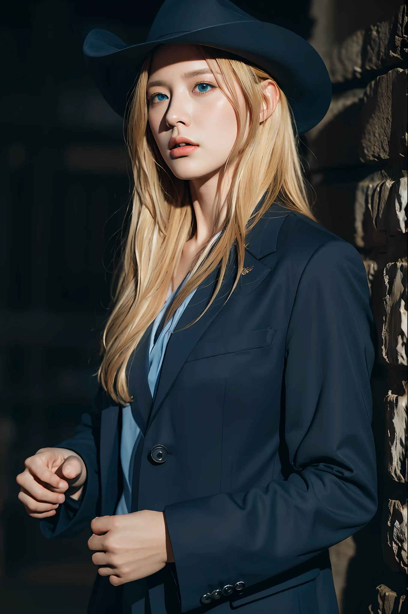 Best quality, masterpiece, ultra high res, (photorealistic:1.4), raw photo, 1girl, blonde hair, blue eyes,  detailed eyes and face, black suit, dynamic lighting, in the dark, deep shadow, low key, cowboy shot full-lenght body