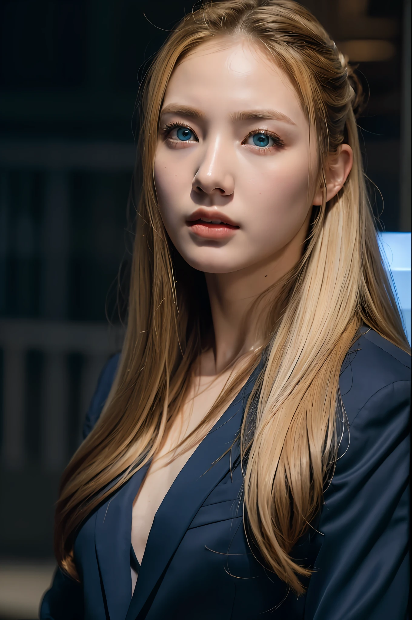 Best quality, masterpiece, ultra high res, (photorealistic:1.4), raw photo, 1girl, blonde hair, blue eyes,  detailed eyes and face, black suit, dynamic lighting, in the dark, deep shadow, low key, cowboy shot full-lenght body