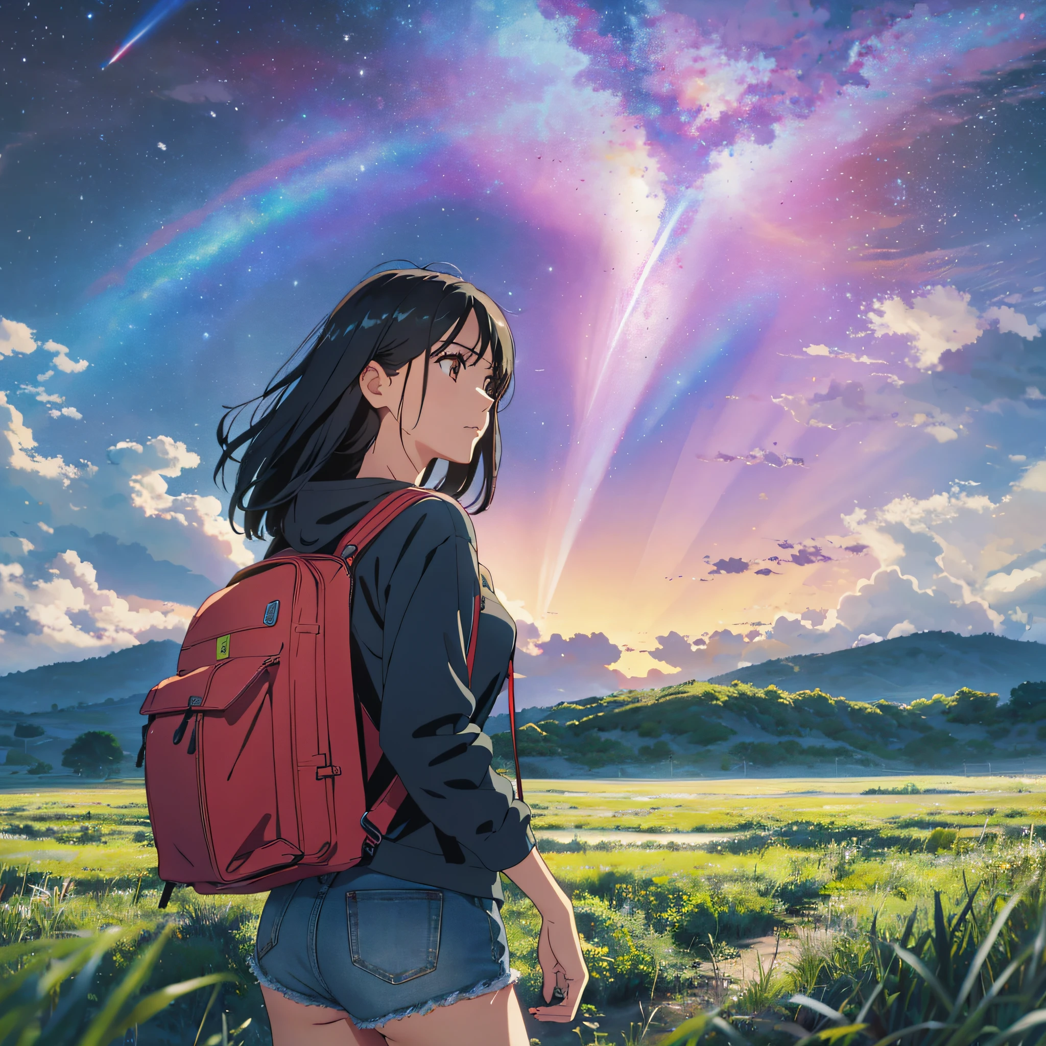 The vast sky, beautiful skyline, large grasslands, extremely tense and dramatic pictures, moving visual effects, high hanging Polaris, colorful natural glare. A girl in a long-sleeved top and denim shorts with a side backpack --auto --s2