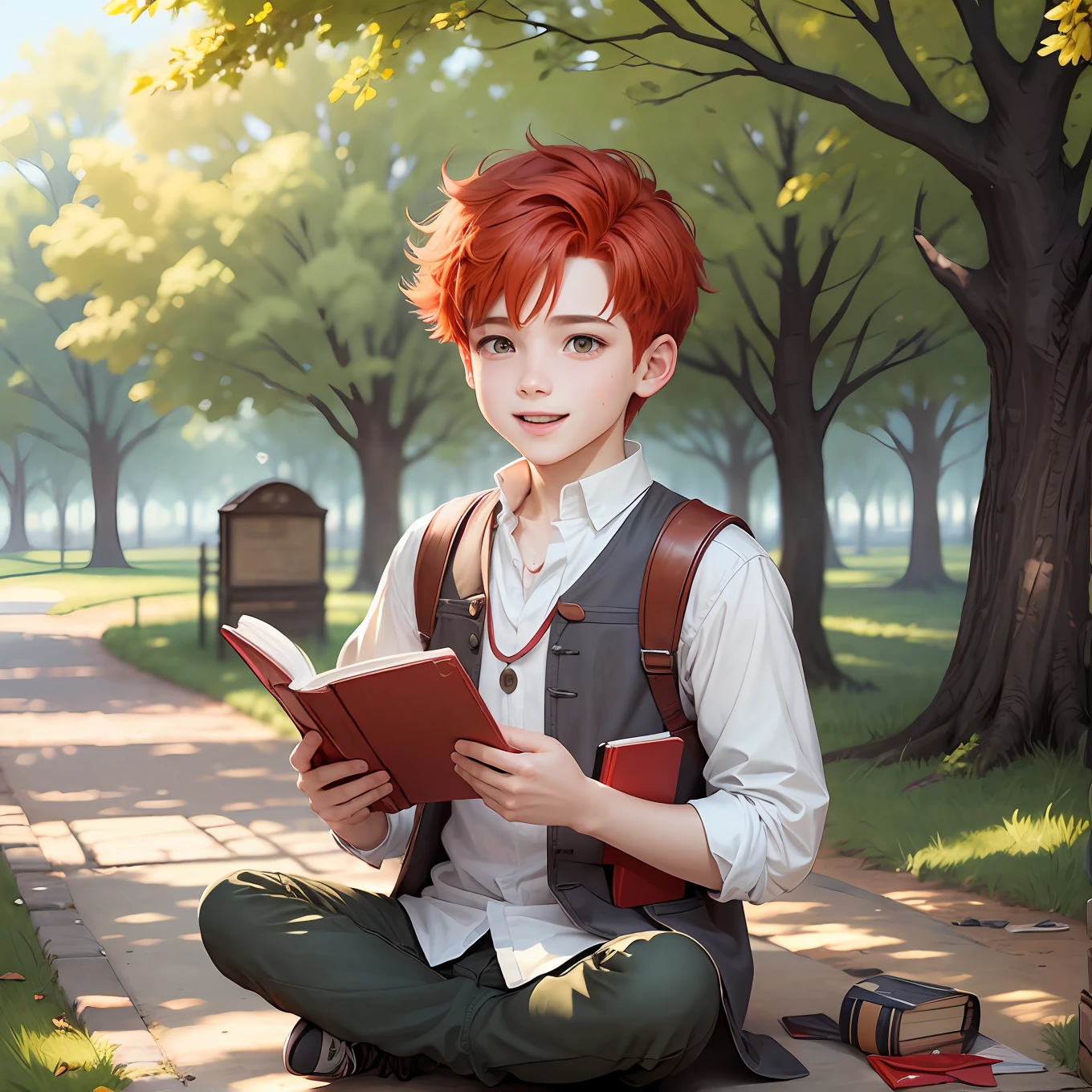 Cheerful boy with red hair with book in hand and playing at finding words in the park --auto --s2