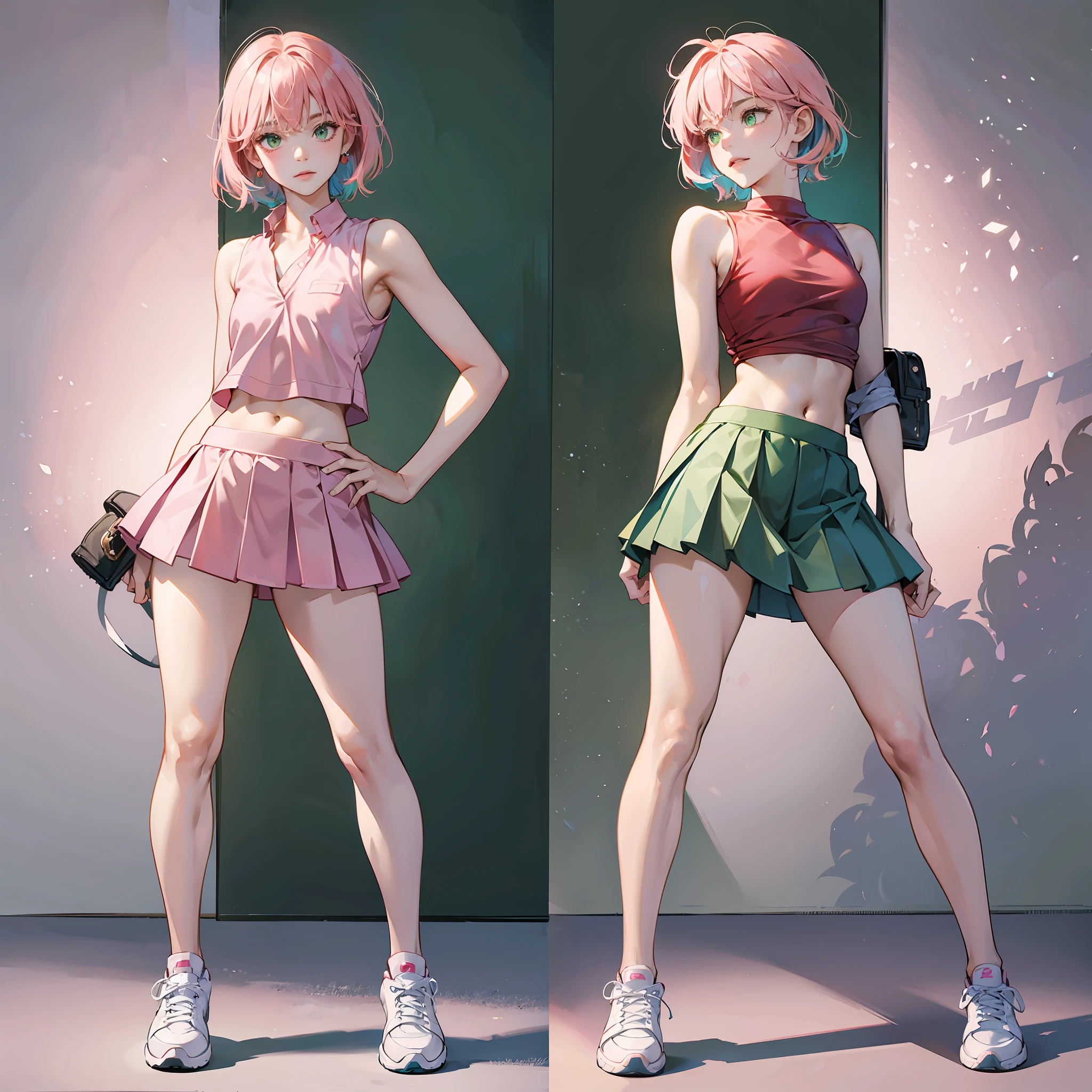 ((medium chest, small head)), best anatomy, accurate anatomy, accurate fingers, accurate hands, accurate legs, 1girl, best quality, high resolution, bangs, breasts, eyes visible through hair, detailed eyes, detailed mouth, detailed face, foreshortening, green eyes, hair intakes, looking at viewer, parted bangs, ((pink hair)), ((red shirt)), shirt, ((short hair)), sleeveless, sleeveless shirt, small | medium breasts, solo, ((masterpiece)), portrait, mature female, skirt, mini skirt, short skirt, shoes, sneakers shoes, high shoes, white shoes, thighs, armpits, beautiful armpits, front view, blushing, standing, navel, hand up, beautiful legs, stomach, --auto --s2