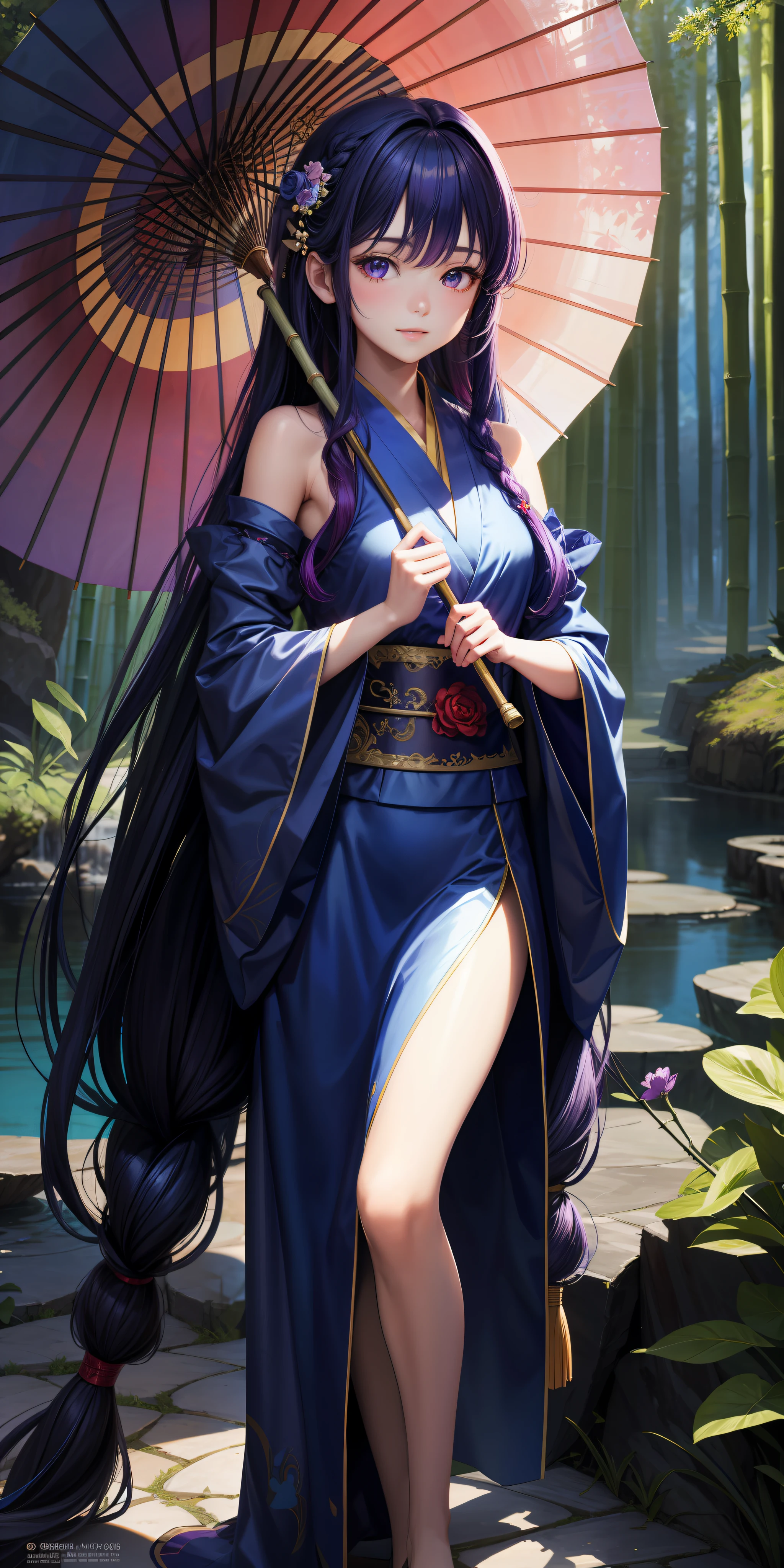 masterpiece, best quality, official art, 8k wallpaper, highly detailed, illustration, 1 girl, holding an purple color umbrella, Azure hair, long hair, detailed eyes, forrest, bare shoulders, hanfu,lakes, pure, soft smile,bamboo,