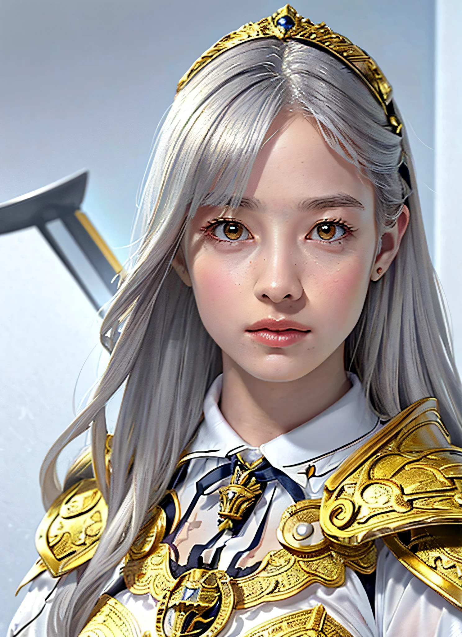 (Realistic, Portrait: 1.3), Intricate Details, Colossal, Sexy Swimsuit, (Ultrareal), (Illustration), (High Resolution), (8K), (Very Detailed), (Best Illustration), (Beautiful Detailed Eyes), (Best Quality), (Ultra Detailed), Intricate Detail Jewels (Detailed Women's Armor: 1.3), (Gorgeous Gold Armor: 1.2), 1 Girl, Solo, Long Hair, Wind, Gorgeous Face, Top quality, masterpiece, maximum detail, diffused lighting, (gray hair: 1.3), Valhalla Valkyrie, mechanical arm,