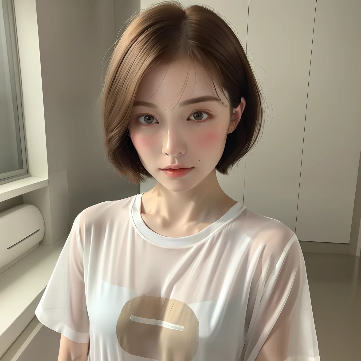 (8k, RAW photo:1. 2, best quality:1. 4, masterpiece:1. 2), (realistic, photorealistic:1. 4, ultra highres:1. 2), (soft focus:1. 4), 1girl,japanesgirl,upper shot, light makeup, ultra-detailed, ultra detailed skin, brown hair, brown eyes, short hair , white t-shirtt,,(((very white skin,very clear skin,very pale color skin))),