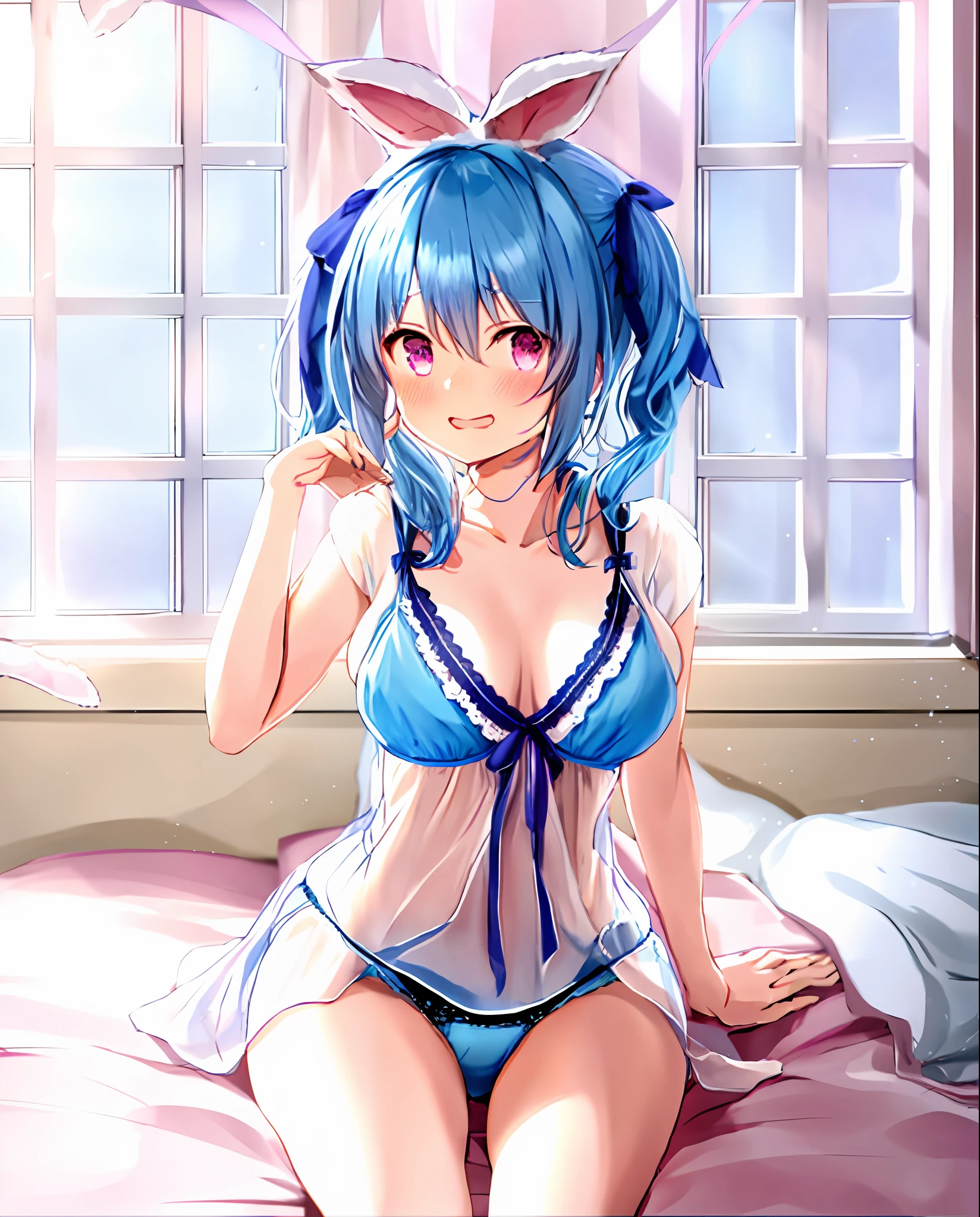Sheer, in underwear, embarrassed expression, long blue hair, pigtails, high image quality, ribbon like rabbit ears, ribbon white on the outside and pink inside, sitting on bed
