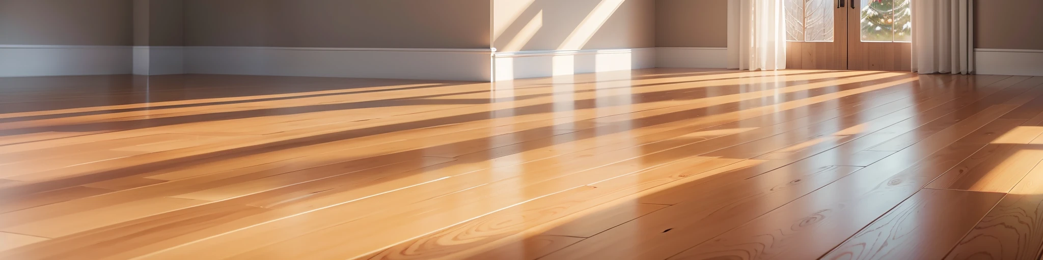 front view christmas tree on wooden floor in empty room, the light is daylight, real photography, super realistic rendering, 8k --auto --s2