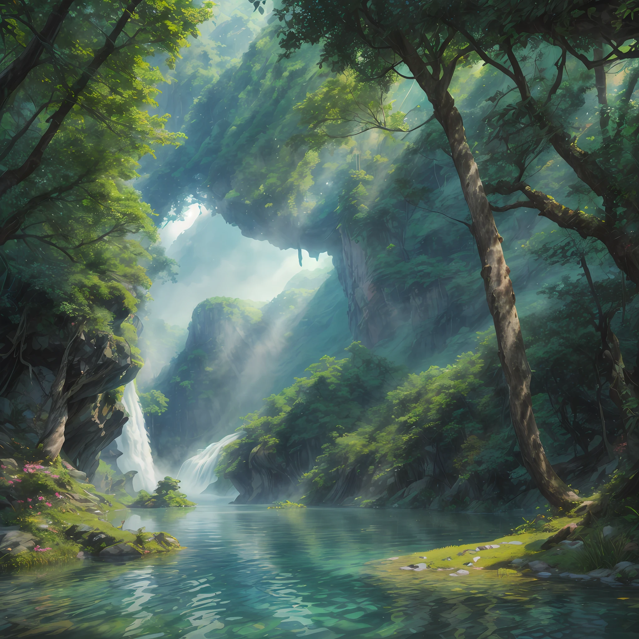 Hot springs, heat, water vapor, waterfalls, ancient Chinese times, jungles, lakes, caves, trees, meadows, night (illustration: 1.0), epic composition, realistic lighting, HD details, masterpieces, best quality, (very detailed CG unified 8k wallpaper)