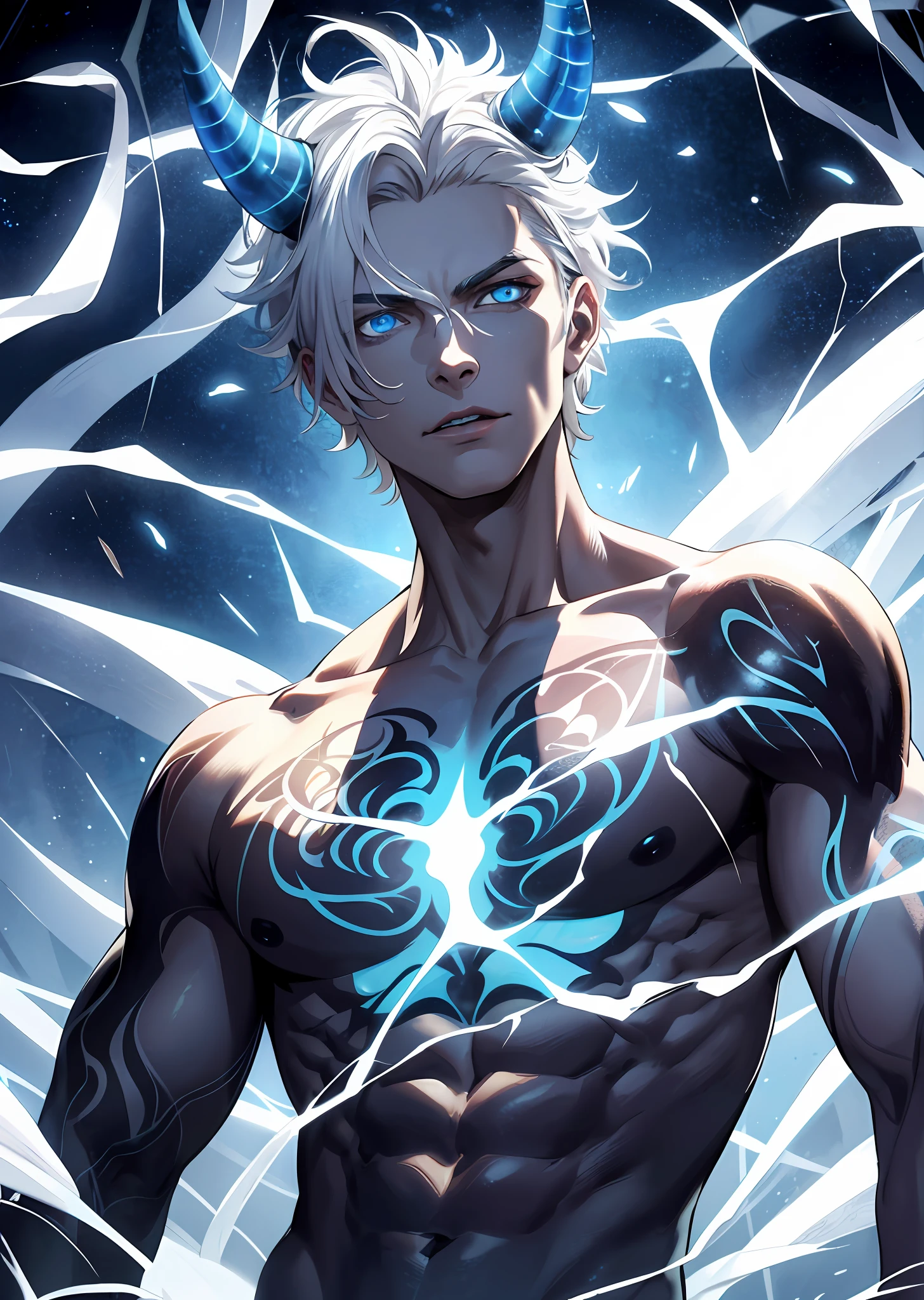 8k, complex, elegant, highly detailed, majestic, digital photography, surrealist painting, beating magic, winding lightning, (masterpiece, side light, fine beautiful eyes: 1.2), HDR, (glowing blue eyes)), naked upper body, (glowing tattoo), handsome boy, white hair, muscles, demon horn, raining, handsome, facing the camera, masterpiece