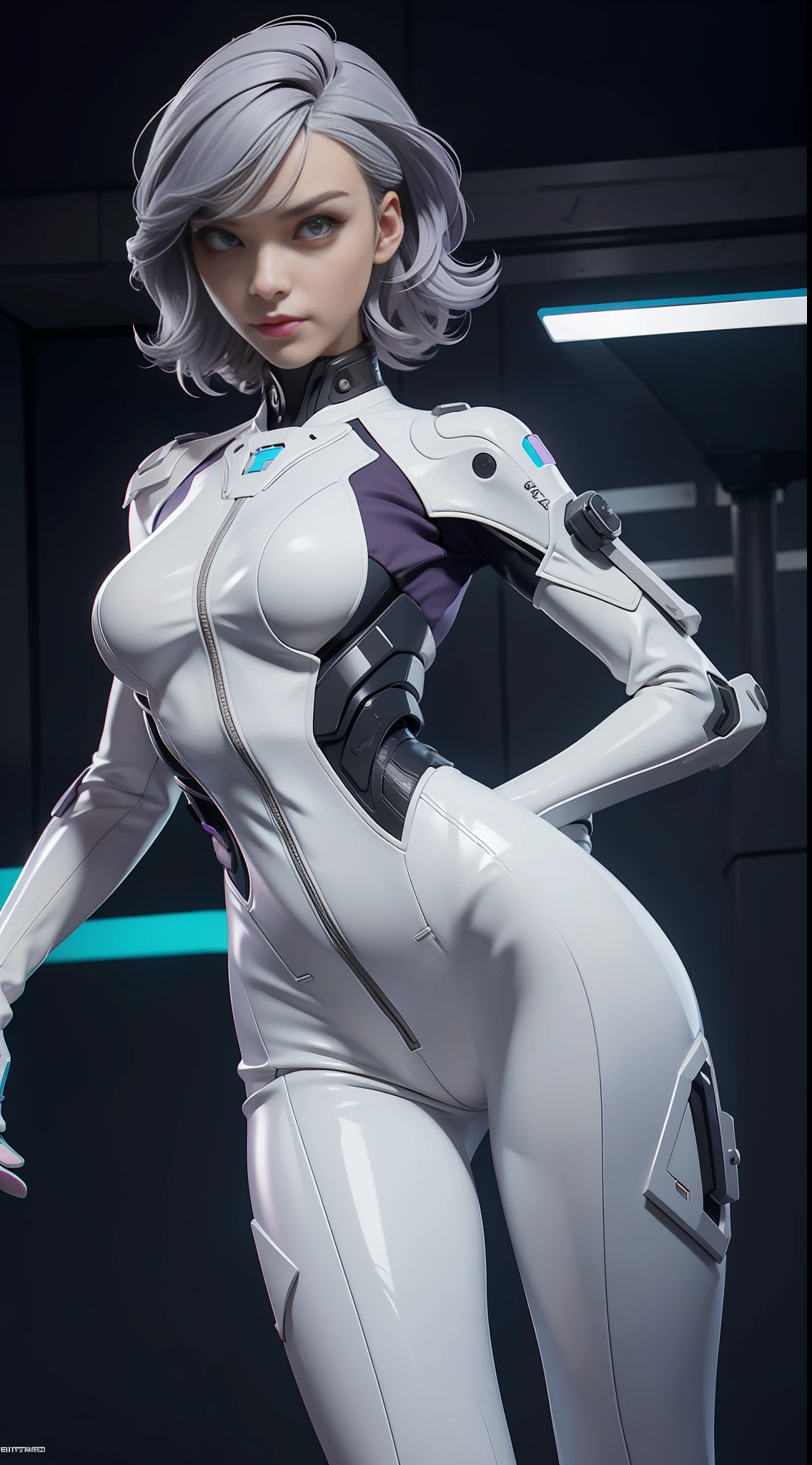 solo, super fine photo, portrait Unreal Engine 5 8K UHD of beautiful and aesthetic girl (girl: 1.3), gorgeous, grey short hair, white color scheme tight cybernetic latex catsuit, cyberpunk assassin, cyberpunk full face mask, cybernetic boots, cybernetic long glove, futuristic design, purple neon lights details, best quality, masterpiece, official art, unified 8k wallpaper, super detailed, sharp focus, dynamic pose, body parts, futuristic battle armor.