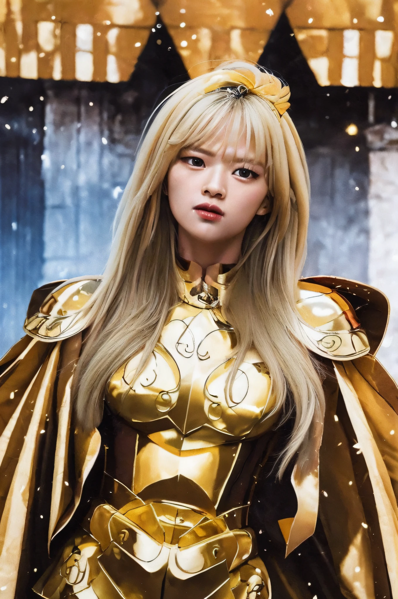 TWICE Jeongyeon, masterpiece, best quality,highly detailed RAW color Photo, sharp focus, 8k high definition, A woman in golden costume poses in front of the building, angel golden armor, light gold armor, gorgeous cosplay, knight of zodiac girl, portrait knight of zodiac girl, golden armor, golden armor, wearing golden armor, wearing light armor, golden goddess Athena, anime goddess, beautiful, stunning armor, beautiful armor, wearing golden armor, golden holy robe