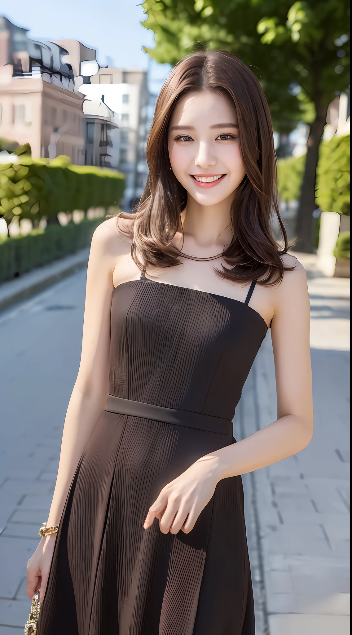 ((Best quality, 8k, Masterpiece :1.3)), 1girl, smiling, full body, slim face, Pretty woman, (Dark brown hair), full length dress :1.1, Ultra-detailed face, Detailed eyes, Double eyelid, blur background, slim face, city, outside, street,