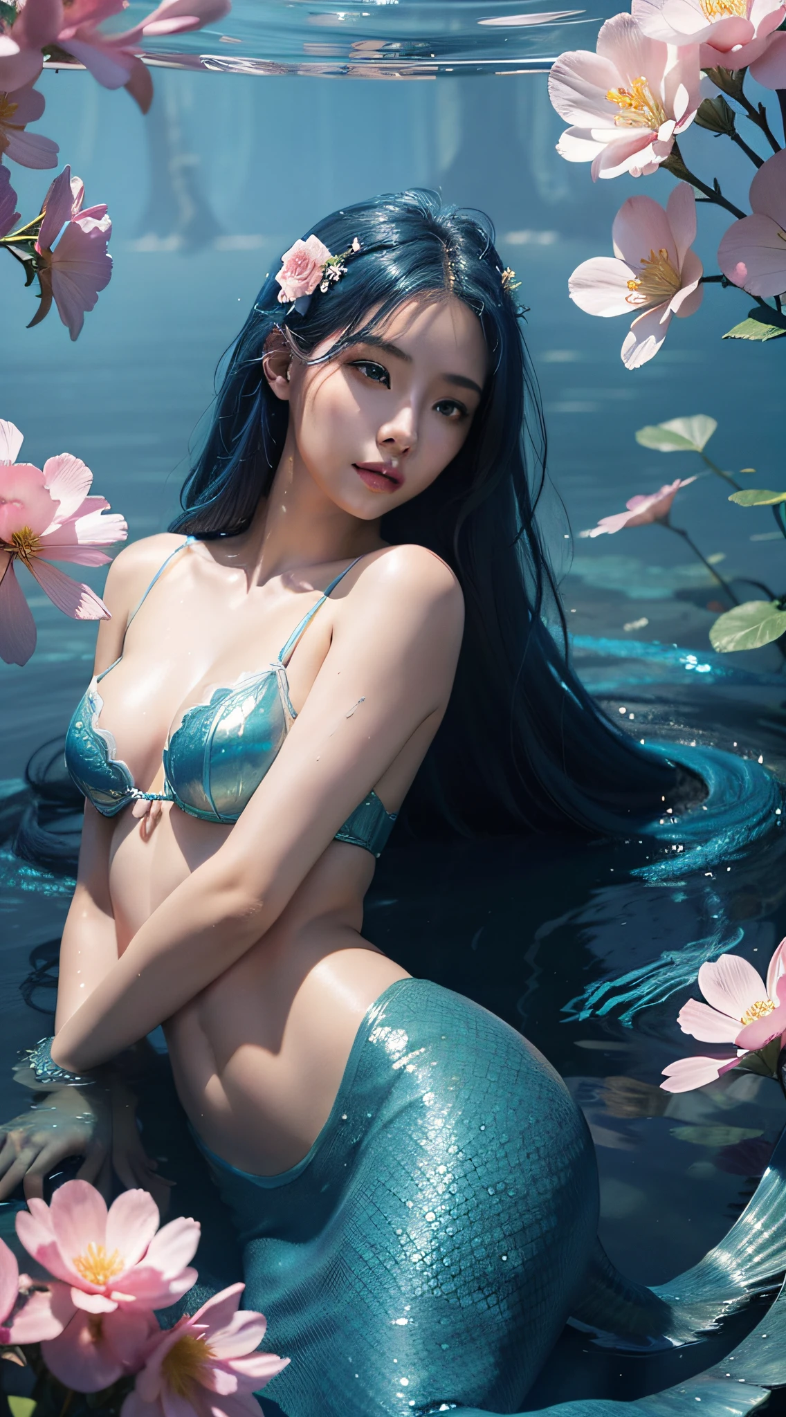 mermaid with blue hair and flowers floating in the water, beautiful mermaid, beautiful digital illustration, a beautiful artwork illustration, beautiful digital artwork, beautiful gorgeous digital art, beautiful digital art, asian female water elemental, gorgeous digital art, very beautiful digital art, closeup fantasy with water magic, beautiful fantasy art, beautiful digital painting, exquisite digital illustration, gorgeous digital painting