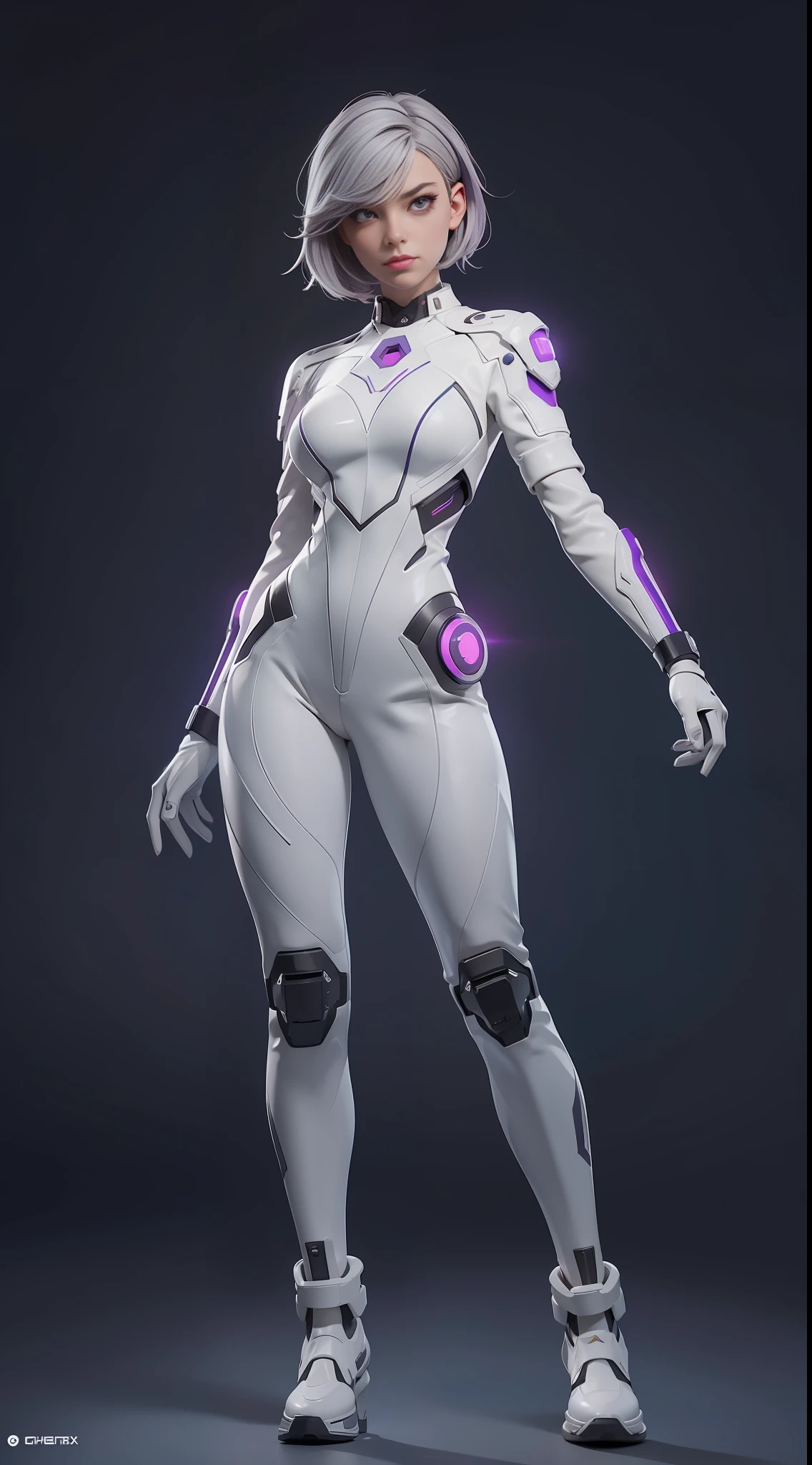 solo, super fine photo, full body picture Unreal Engine 5 8K UHD of beautiful and aesthetic girl (girl: 1.3), gorgeous, grey short hair, white color scheme tight cybernetic latex catsuit, cyberpunk assassin, cyberpunk full face mask, cybernetic boots, cybernetic long glove, futuristic design, purple neon lights details, best quality, masterpiece, official art, unified 8k wallpaper, super detailed, sharp focus, dynamic pose, body parts, futuristic battle armor.