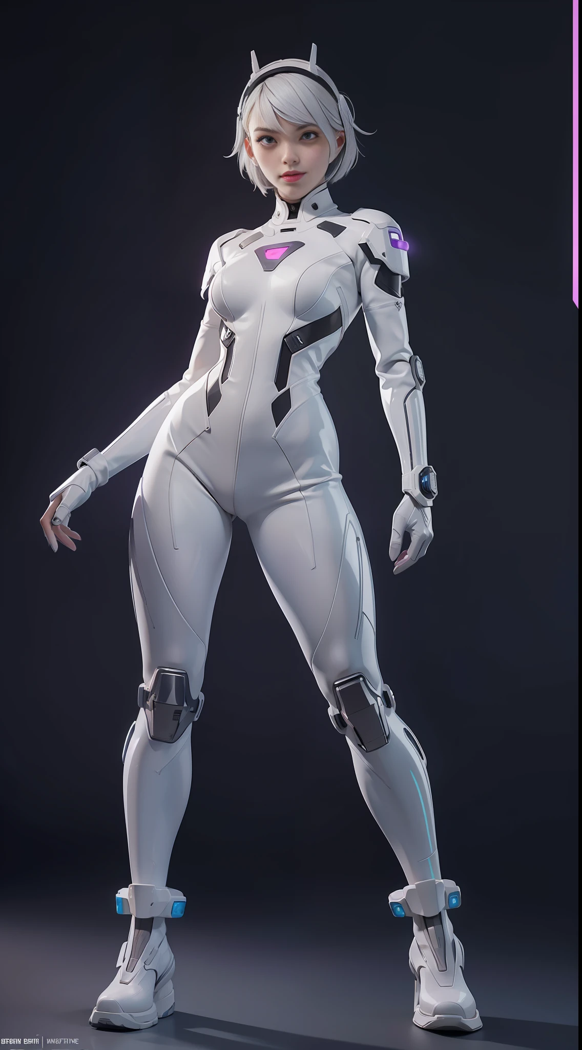 solo, super fine photo, full body picture Unreal Engine 5 8K UHD of beautiful and aesthetic girl (girl: 1.3), gorgeous, grey short hair, white color scheme tight cybernetic latex catsuit, cyberpunk assassin, cyberpunk full face mask, cybernetic boots, cybernetic long glove, futuristic design, purple neon lights details, best quality, masterpiece, official art, unified 8k wallpaper, super detailed, sharp focus, dynamic pose, body parts, futuristic battle armor.