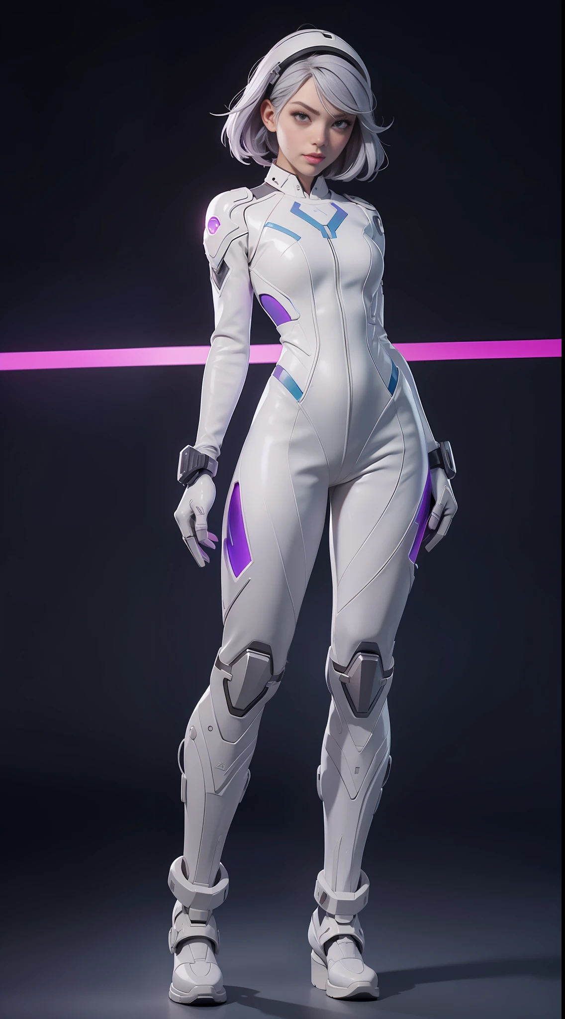 solo, super fine photo, full body picture Unreal Engine 5 8K UHD of beautiful and aesthetic girl (girl: 1.3), gorgeous, grey short hair, white color scheme tight cybernetic latex catsuit, cyberpunk assassin, cyberpunk full face mask, cybernetic boots, cybernetic long glove, futuristic design, purple neon lights details, best quality, masterpiece, official art, unified 8k wallpaper, super detailed, sharp focus, dynamic pose, body parts, futuristic battle armor.