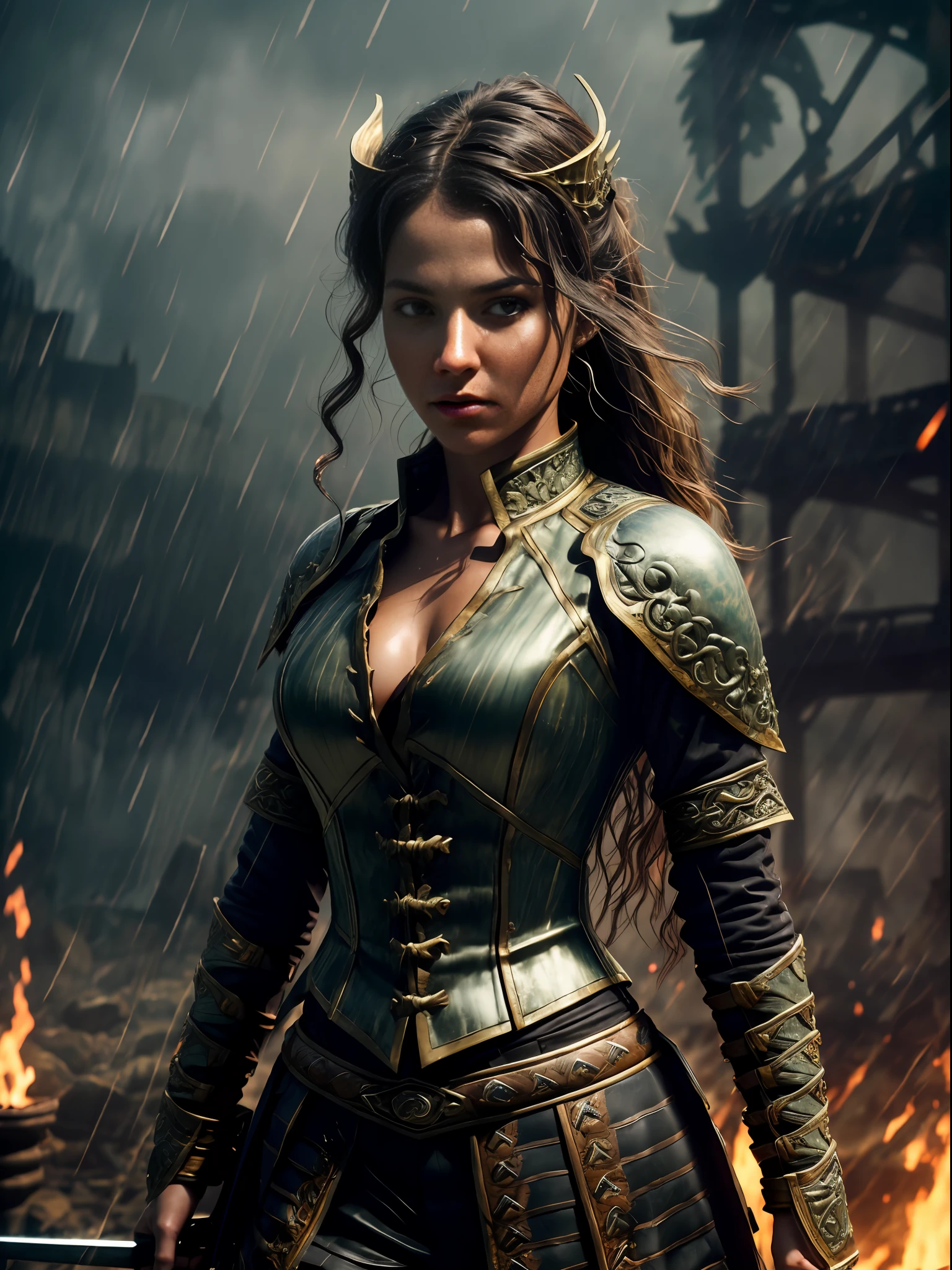 dragon_real, (extremely detailed 8k CG wallpaper, masterpiece, best quality, ultra detailed, beautiful detailed eyes: 1.2), best lighting, realistic, detailed, realistic details, intricate details, cgi, masterpiece, best illustration, rest, 1girl, thin and tanned skin, blonde hair, small chest, cleavage, ((wet, sweating)), long hair, black hair, small, female swordsman, urban samurai, chest plate, ((intricate pattern)), ((torn clothes)), blood, injury, princess, tiara, detailed skin complexion, seductive face, dragon_real, (extremely detailed 8k CG wallpaper, masterpiece, best quality, ultra detailed, beautiful detailed eyes: 1.2), best lighting, ((horseback riding)), look at the viewer, break, (((detailed background, dark fantasy, rain, medieval battlefield, armies colliding, chaotic, fire, darkness, dust, particle effect, , projectile, volumetric fog))), rest, cowboy shot, perspective, rule of third, depth and dimension, depth of field, proportion, contrast of light and shadow, breakage,