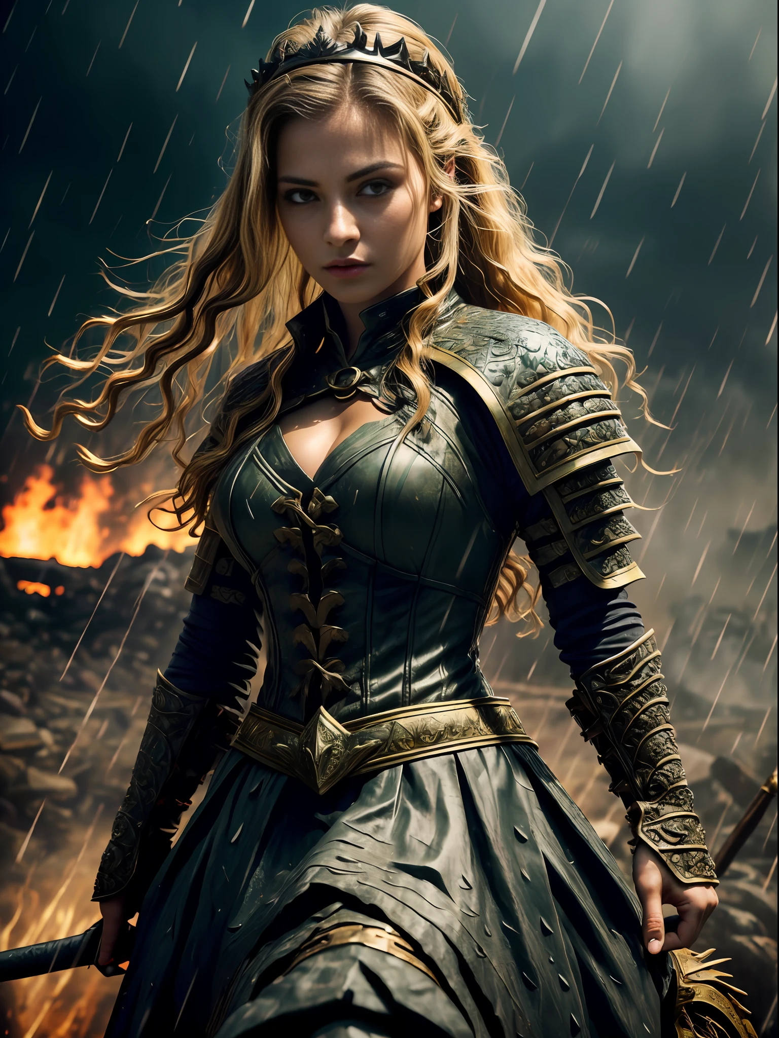 dragon_real, (extremely detailed 8k CG wallpaper, masterpiece, best quality, ultra detailed, beautiful detailed eyes: 1.2), best lighting, realistic, detailed, realistic details, intricate details, cgi, masterpiece, best illustration, rest, 1girl, thin and tanned skin, blonde hair, small chest, cleavage, ((wet, sweating)), long hair, black hair, small, female swordsman, urban samurai, chest plate,  ((intricate pattern)), ((torn clothes)), blood, injury, princess, tiara, detailed skin complexion, seductive face, dragon_real, (extremely detailed 8k CG wallpaper, masterpiece, best quality, ultra detailed, beautiful detailed eyes: 1.2), best lighting, ((horseback riding)), look at the viewer, break, (((detailed background, dark fantasy, rain, medieval battlefield, armies colliding, chaotic, fire, darkness,  dust, particle effect, , projectile, volumetric fog))), rest, cowboy shot, perspective, rule of third, depth and dimension, depth of field, proportion, contrast of light and shadow, breakage,