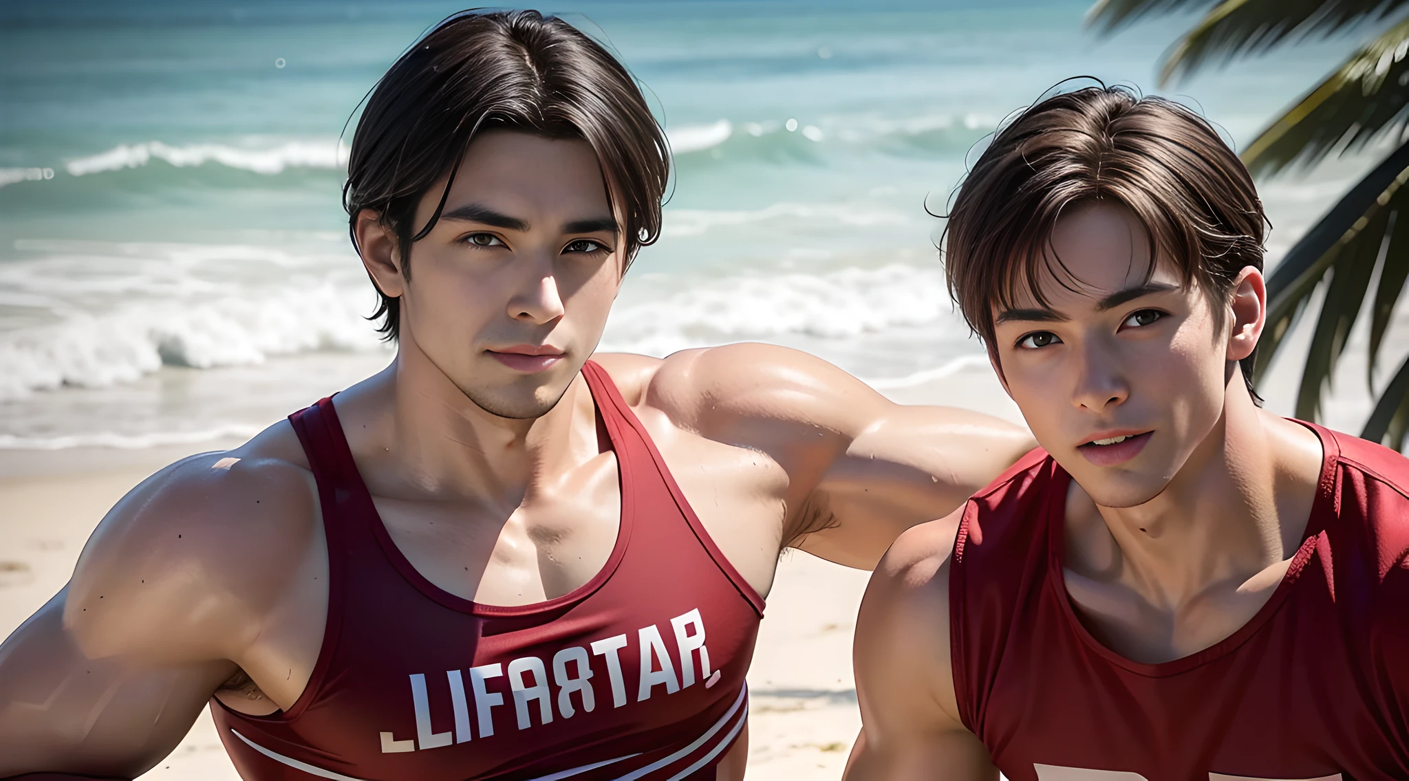 (one man), (head shot), (short hair), handsome muscular Lifeguard boy in his 20's on the beach, A male lifeguard typically has a fit and athletic physique. he is wearing lifeguard uniform, which is red men's long tank top with the word "Lifeguard" printed on it. He may have a tan complexion due to spending a lot of time outdoors. Male lifeguard is usually tall, with strong and muscular build, indicating their physical fitness and ability to perform water rescues. He often has short hair, mischievous smile, (details: 1 1), natural muscles, high quality, beautiful eyes, (detailed face and eyes), ( No face: 1 2), noise, real photo、... PSD, Sharp Focus, High Resolution 8k, Real & Professional Photography, 8K UHD, Soft Lighting, High Quality, Film Grain, FUJIFILM XT3