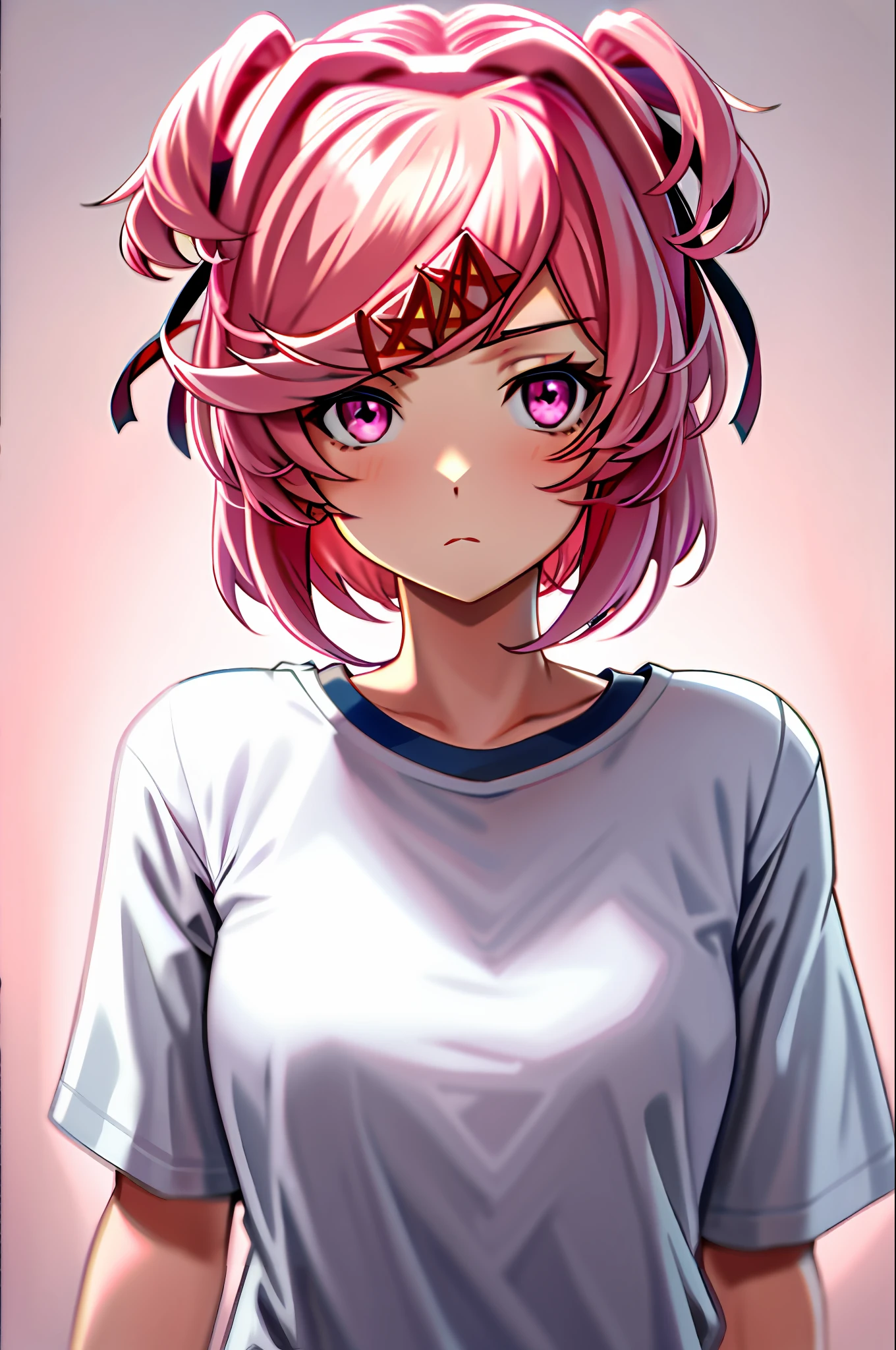 masterpiece, best quality, 1 girl, Natsuki, pink eyes, pink hair, two sides up, hair ornament, hair ribbon, white tshirt, facing the viewer, upper body