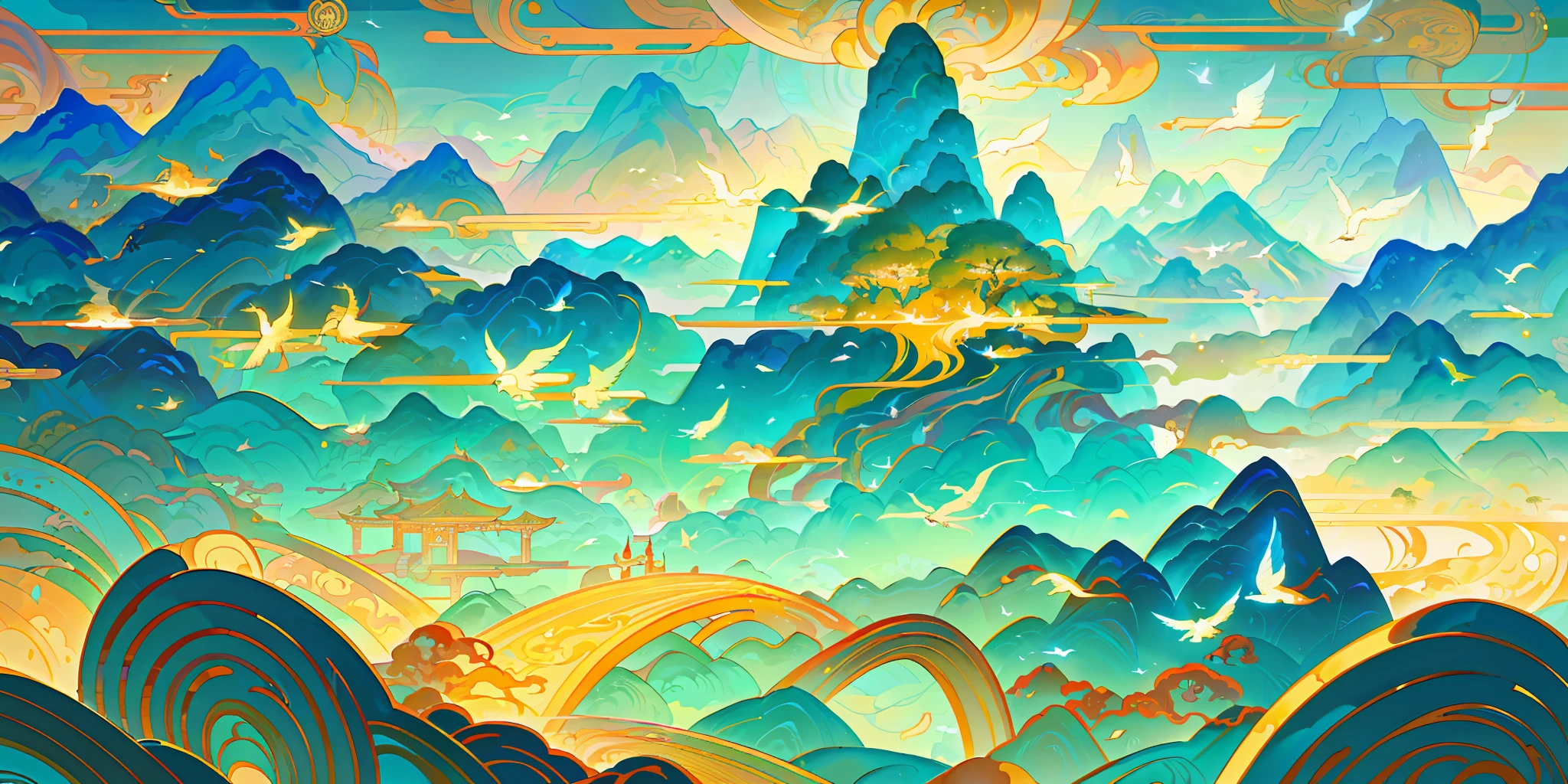 an image of an asian landscape with mountains and birds in the air, in the style of fantastical otherworldly visions, light cyan and gold, intricately mapped worlds, hyperrealistic illustrations, romanticized cityscapes, detailed character illustrations, organic shapes and curved lines, --v6