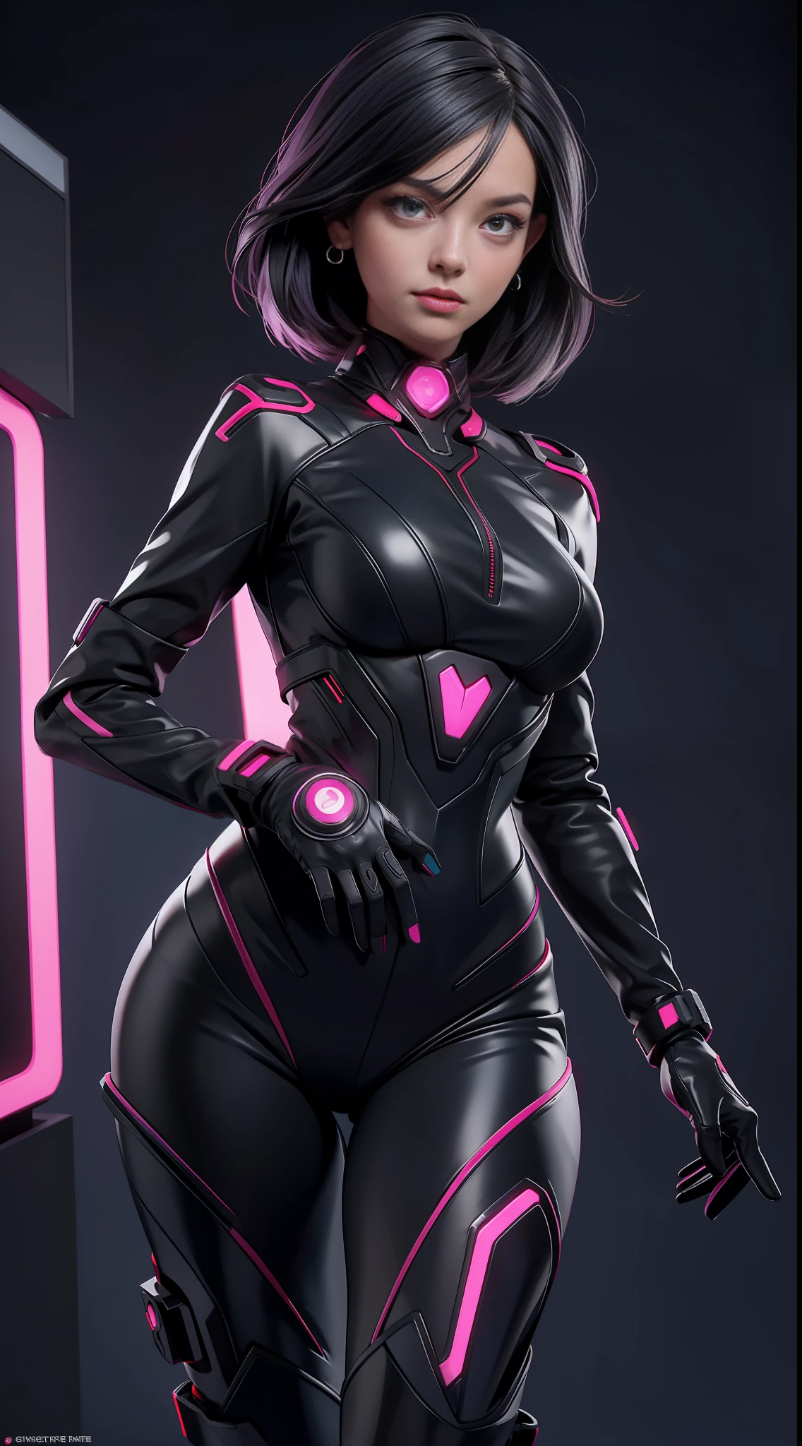 solo, super fine photo, portrait Unreal Engine 5 8K UHD of beautiful and aesthetic girl (girl: 1.3), gorgeous, grey short hair, red and black color scheme tight cybernetic latex catsuit, cyberpunk assassin, cyberpunk full face mask, earrings, cybernetic long heel, cybernetic long glove, futuristic design, purple neon lights details, beautiful make up, best quality, masterpiece, official art, unified 8k wallpaper, super detailed, sharp focus, dynamic pose, body parts, Power Rangers costume