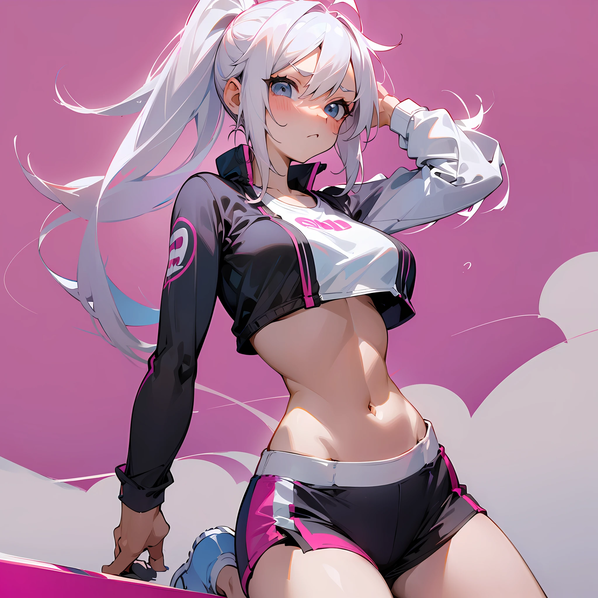 (Pure simplicity, sporty style, pink background, white haired girl, sports bras, sports shorts, vista, tsundere expression, open legs)