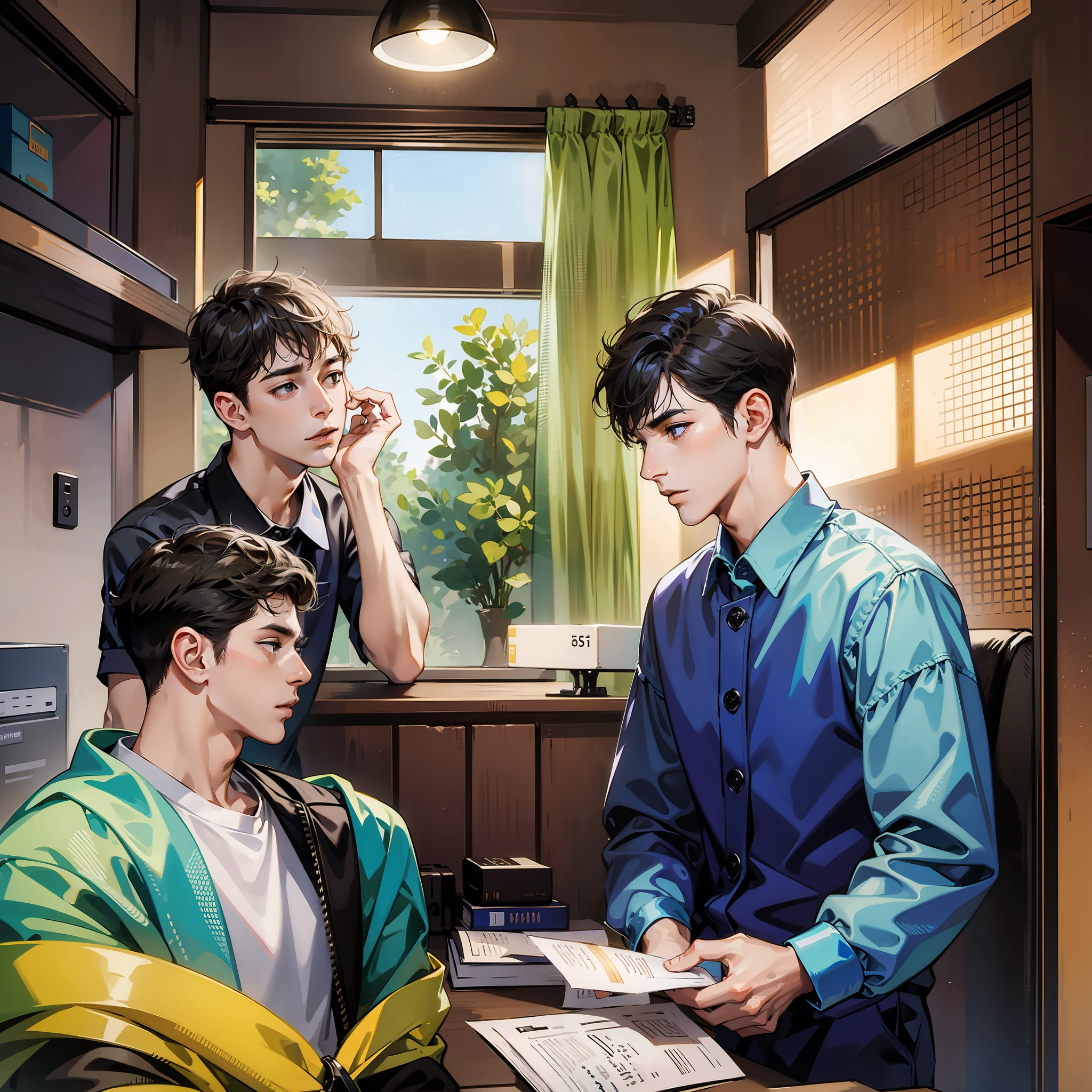 Several men talking, dorm background