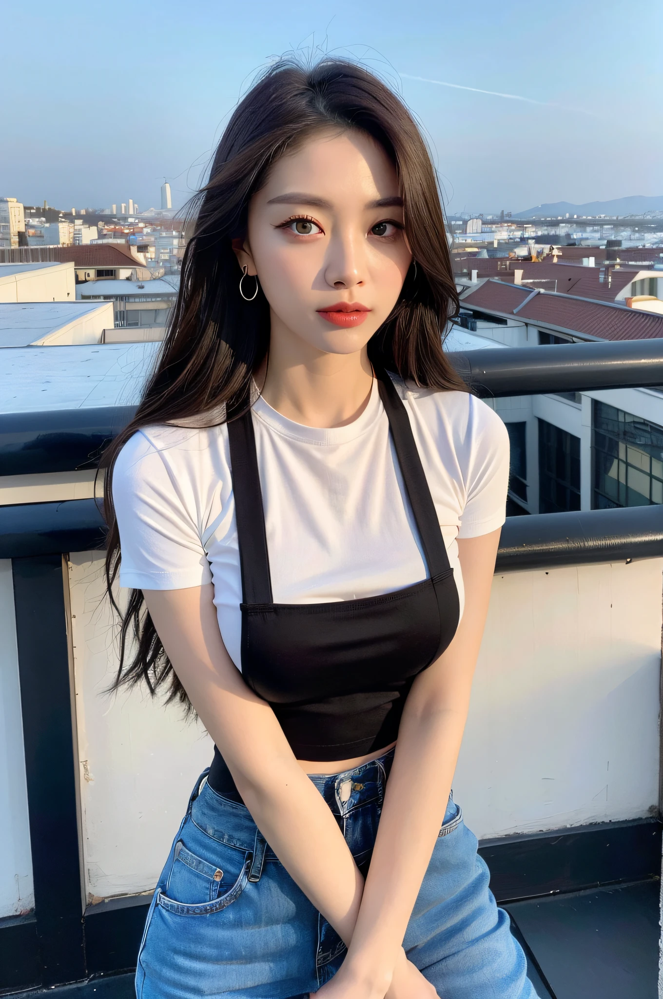 ((Midnight, Best quality, 8k, Masterpiece :1.3)), Whole body, Long legs, Sharp focus :1.2, A pretty woman with perfect figure :1.4, Slender abs :1.1, ((Dark brown hair,Gigantic breasts :1.2)), (White tight tshirt, Jean bib, Standing:1.2), ((Night city view, Rooftop:1.3)), Highly detailed face and skin texture, Detailed eyes, Double eyelid