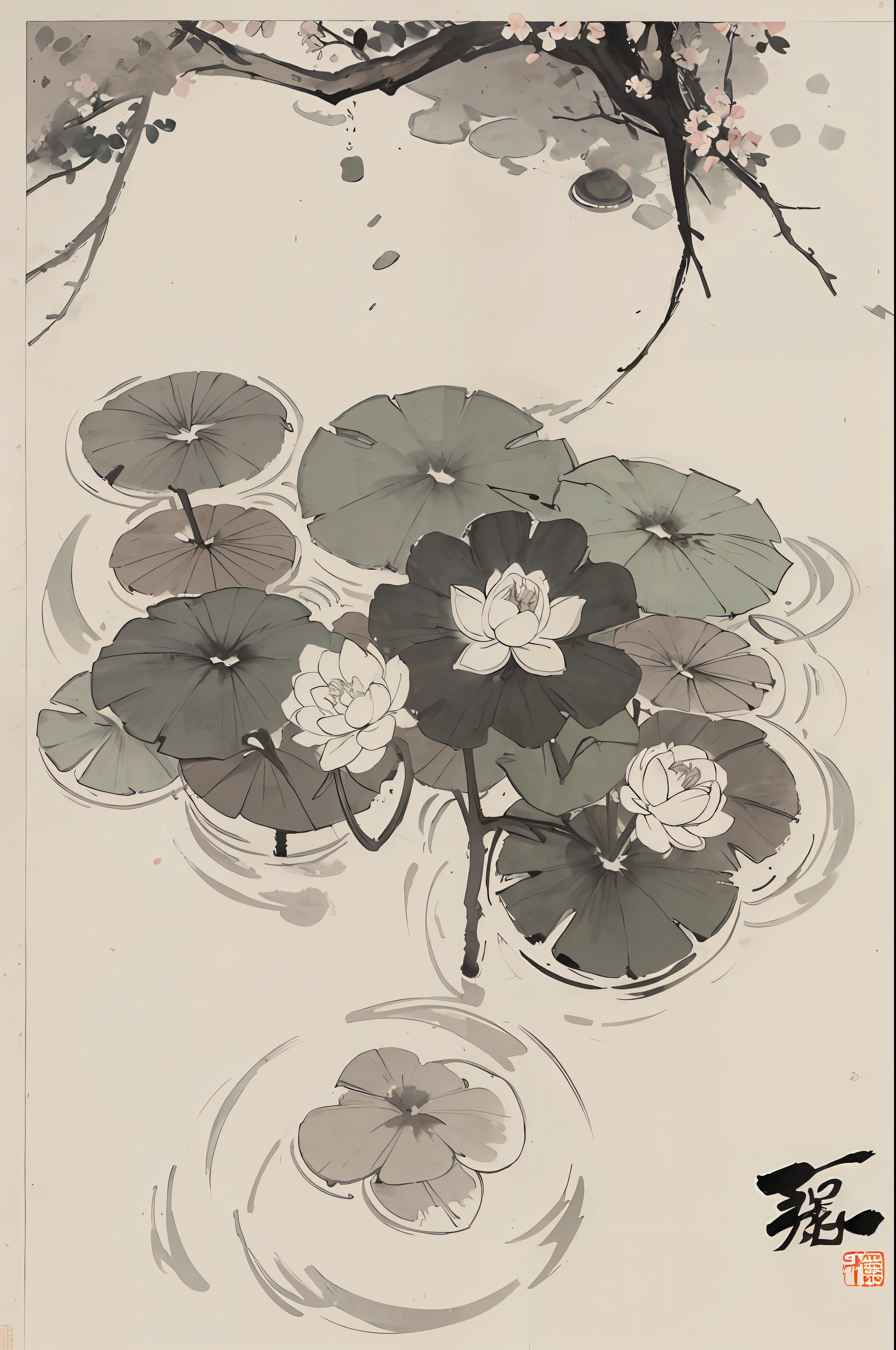 (Masterpiece, best quality: 1.2), traditional Chinese ink painting, lotus, a plant, flower, pond, water