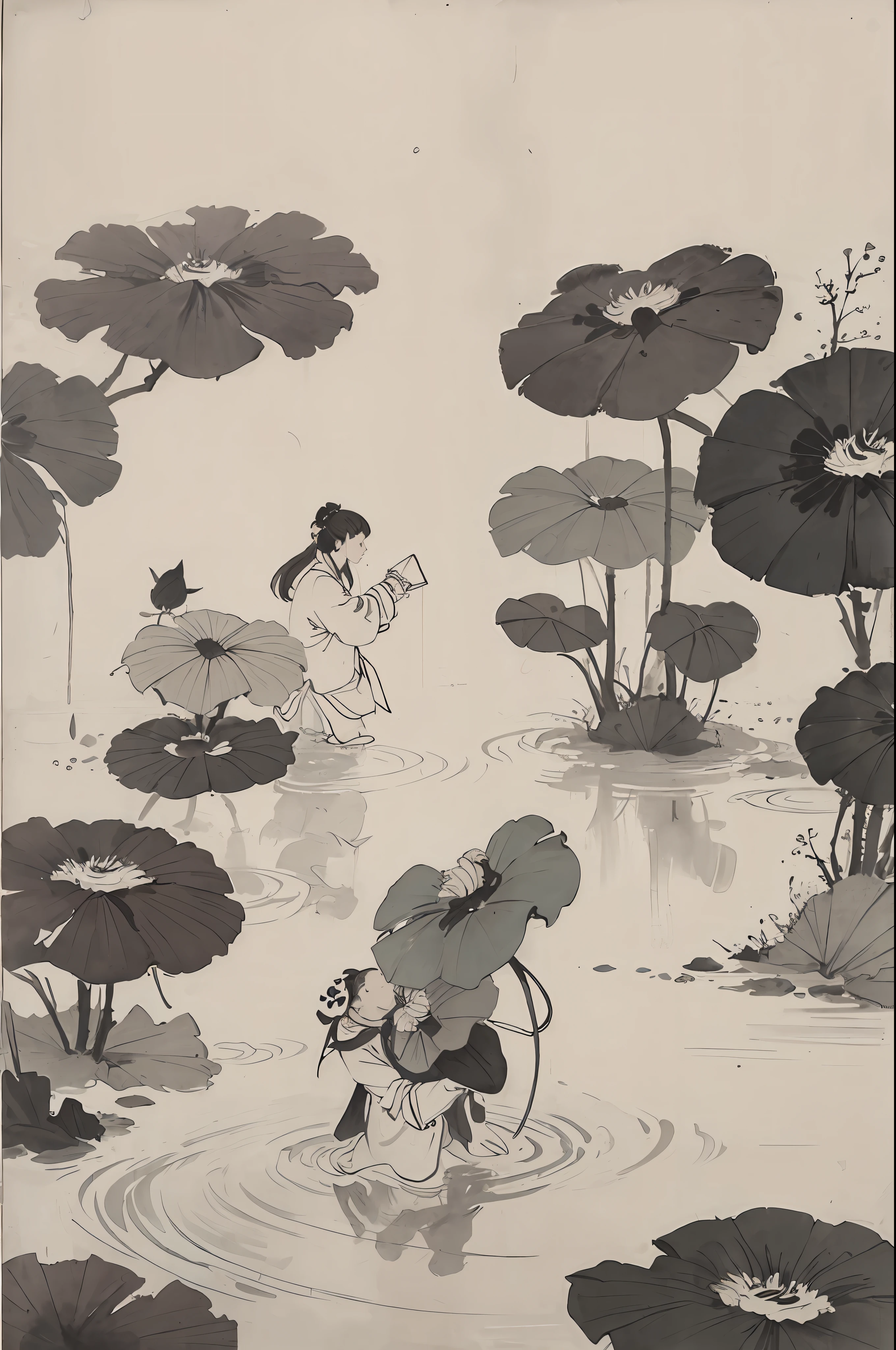 (Masterpiece, best quality: 1.2), traditional Chinese ink painting, lotus, a plant, flower, pond, water