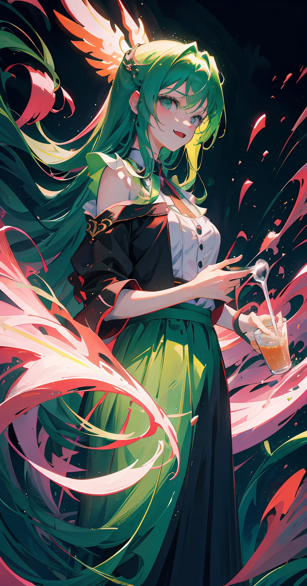 This is a close-up shot that uses a pink and green palette to create a vibrant yet bleak atmosphere. The drink held by this character is lime-themed with a sharp thrill. The whole picture presents beautiful color art! But there is some hostility and malice in it, and he may have the qualities of a "celery woman", a style common in comics. The entire frame may be in a super vivid color scheme to enhance the visual impact. She has a wavy hairstyle that gives a sense of movement and tension. This style may have come from a Korean artist. Finally, there may be a bloody scene in the picture, adding some tension and drama. Anime girl with green hair holding drink, evil laugh, fangs, anime style 4 K, anime moe art style, 2 D anime style, detailed digital anime art, high quality anime art style, anime art wallpaper 4k, anime wallpaper 4k, anime girl