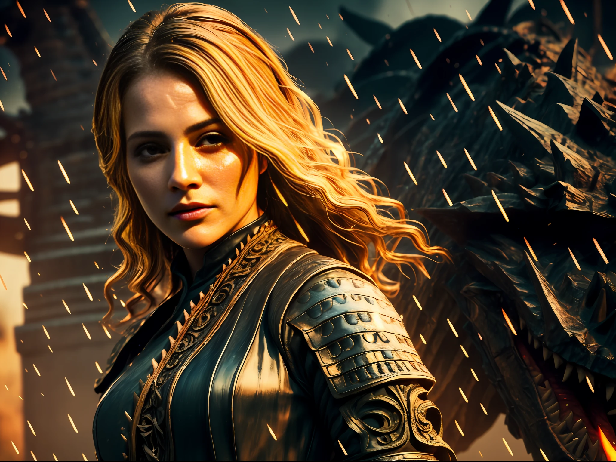 Realistic, detailed, realistic details, intricate details, CGI, masterpiece, best illustration, rest, 1girl, thin and tanned skin, blonde hair, small chest, décolletage, ((wet, sweating)), long hair, black hair, small, female swordsman, urban samurai, chest plate, ((intricate pattern)), ((torn clothes)), blood, injury, princess, tiara, detailed skin complexion, seductive face, ((horseback riding)), ((hyperrealistic horse)), look at the viewer,  break, (((detailed background, dark fantasy, rain, medieval battlefield, armies colliding, chaotic, fire, darkness, dust, particle effect, , projectile, volumetric fog))), rest, cowboy shot, perspective, rule of third, depth and dimension, depth of field, proportion, contrast of light and shadow, breakage,