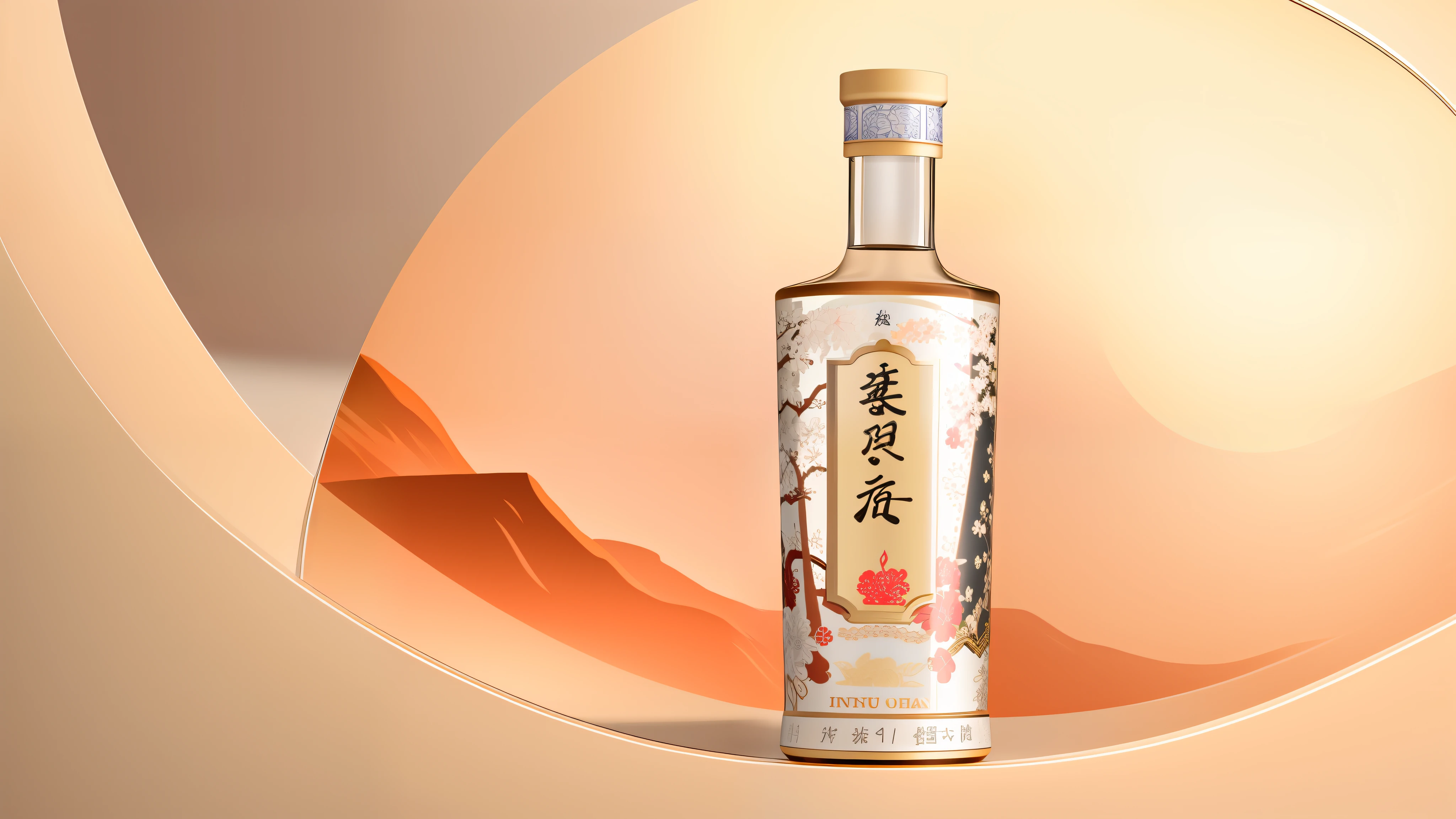 On the table in front of the mirror sits a bottle of white wine with the inscription Chinese Sea Sauce Wine Ultra Detailed, inspired by Kanō Shosenin, japonisme 3 d 8 k Ultra Detailed, inspired by Shūbun Tenshō, inspired by Sengai, inspired by Dong Yuan, presented in octane